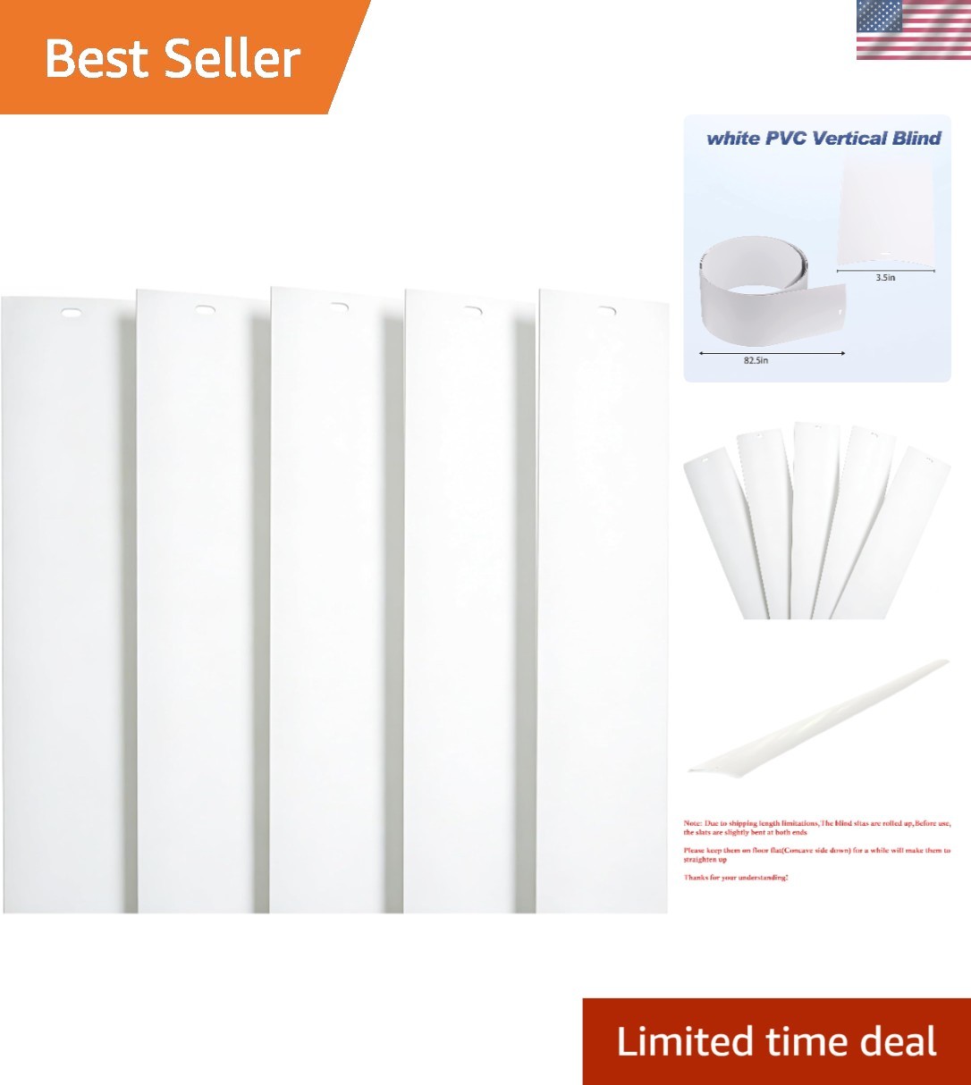 82.5″ x 3.5″ White PVC Vertical Blind Replacement Slats Curved Smooth 5 Pack
