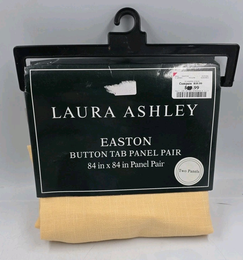 Laura Ashley Linen Button Tab Top Curtain Panels Pair Width 84×84″ Yellow Nos.