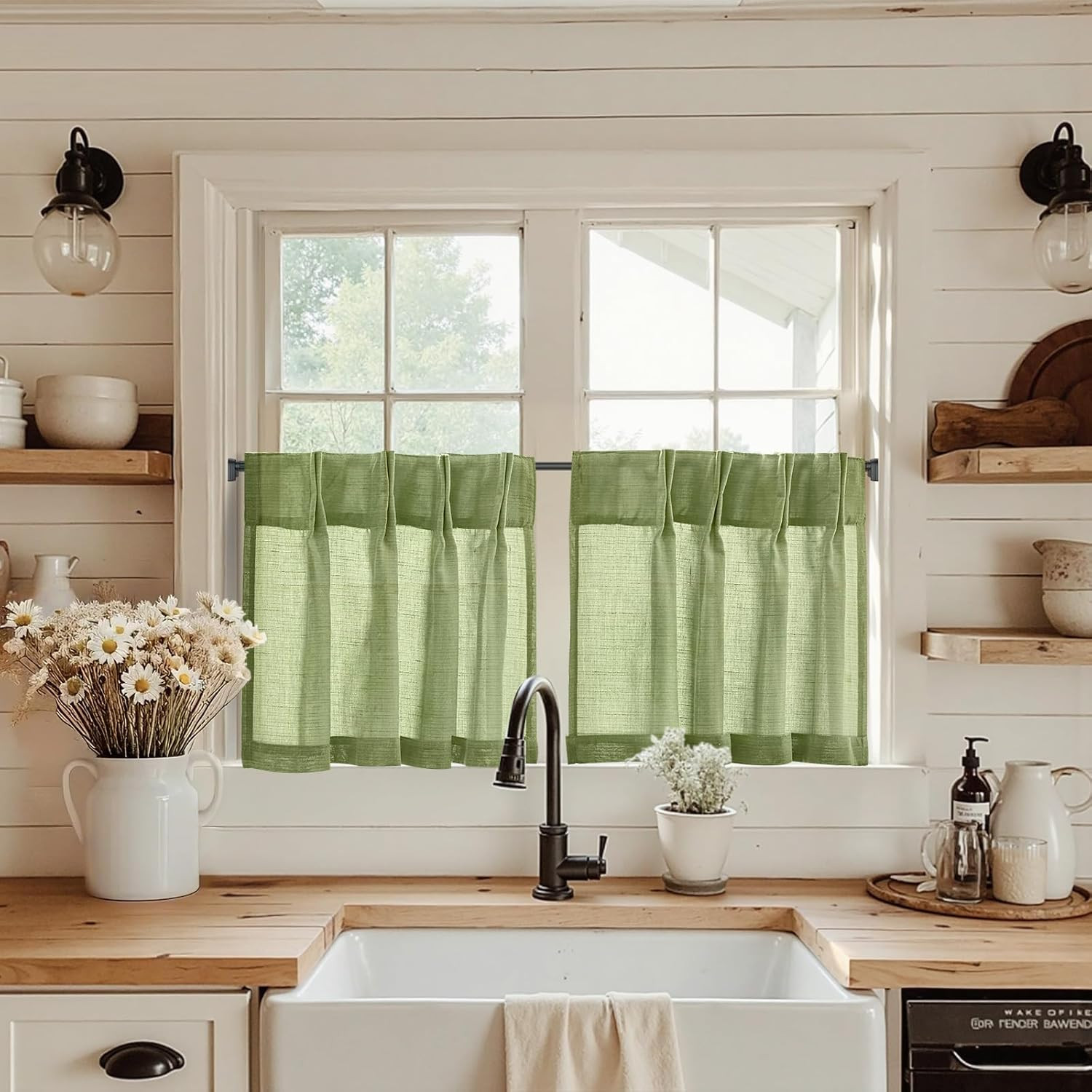 jinchan Linen Pinch Pleated Kitchen Curtains 24 Inch 2 Panels, Natural Linen Tie