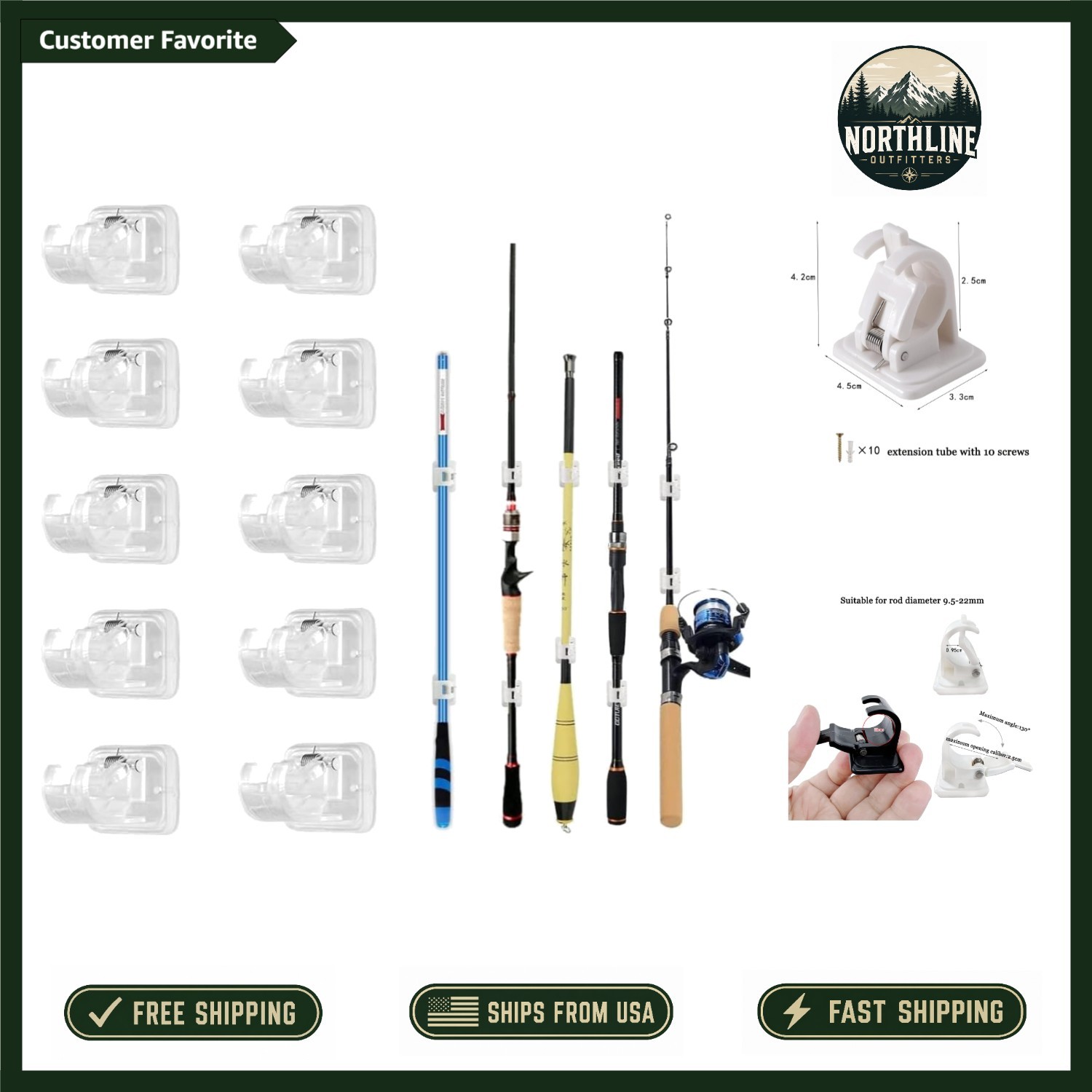 10Pcs Transparent Fishing Rod Clips – Adjustable Wall-Mounted Storage Solution