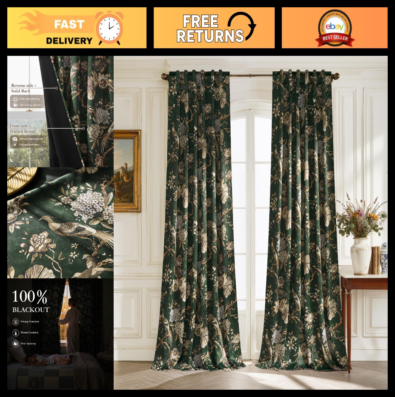 84” Green Floral Blackout Curtains, Vintage Bird Pattern Thermal Insulated Drape