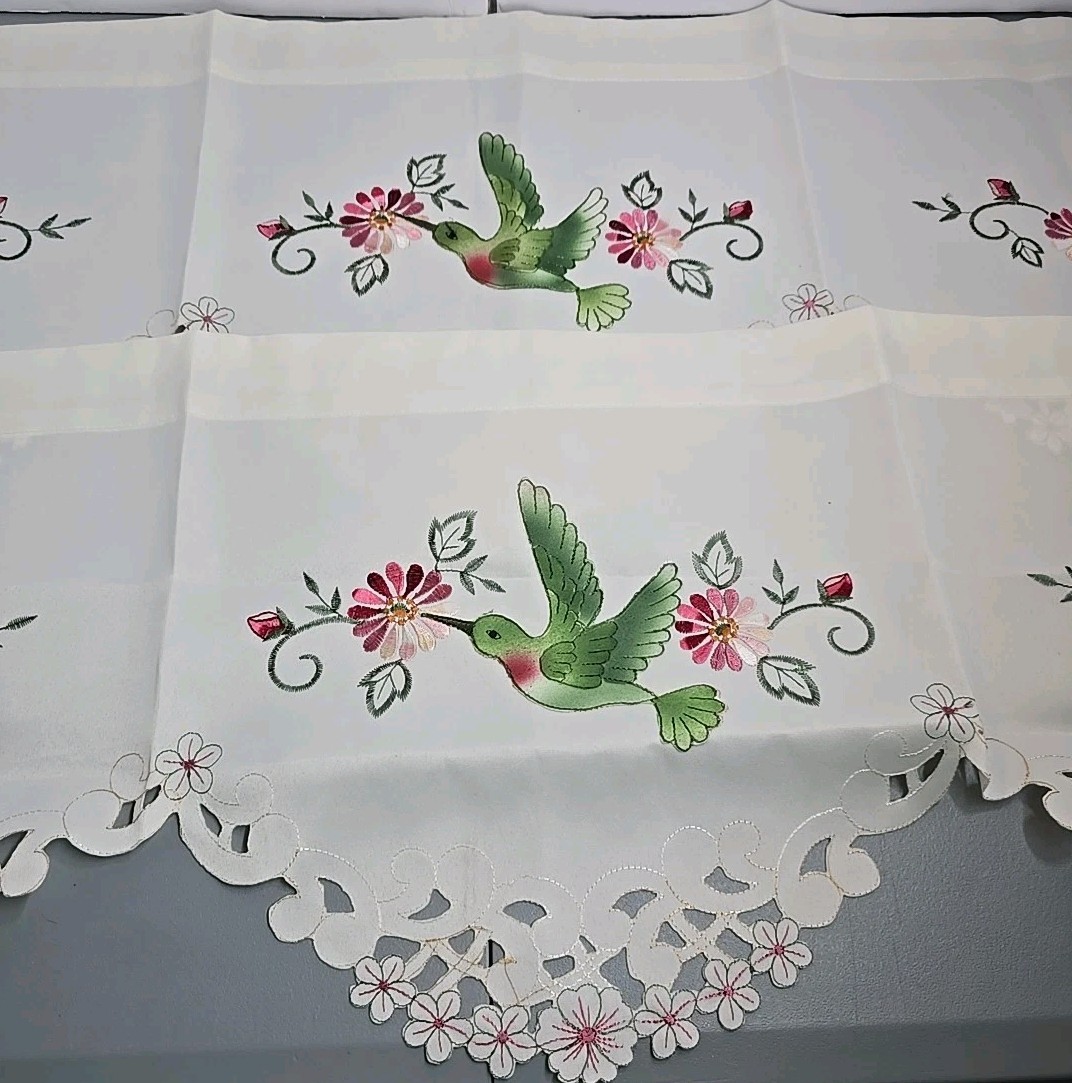 2 Embroidered Hummingbird Window Valance Spring Blooms Birds Valance 40″L×14″