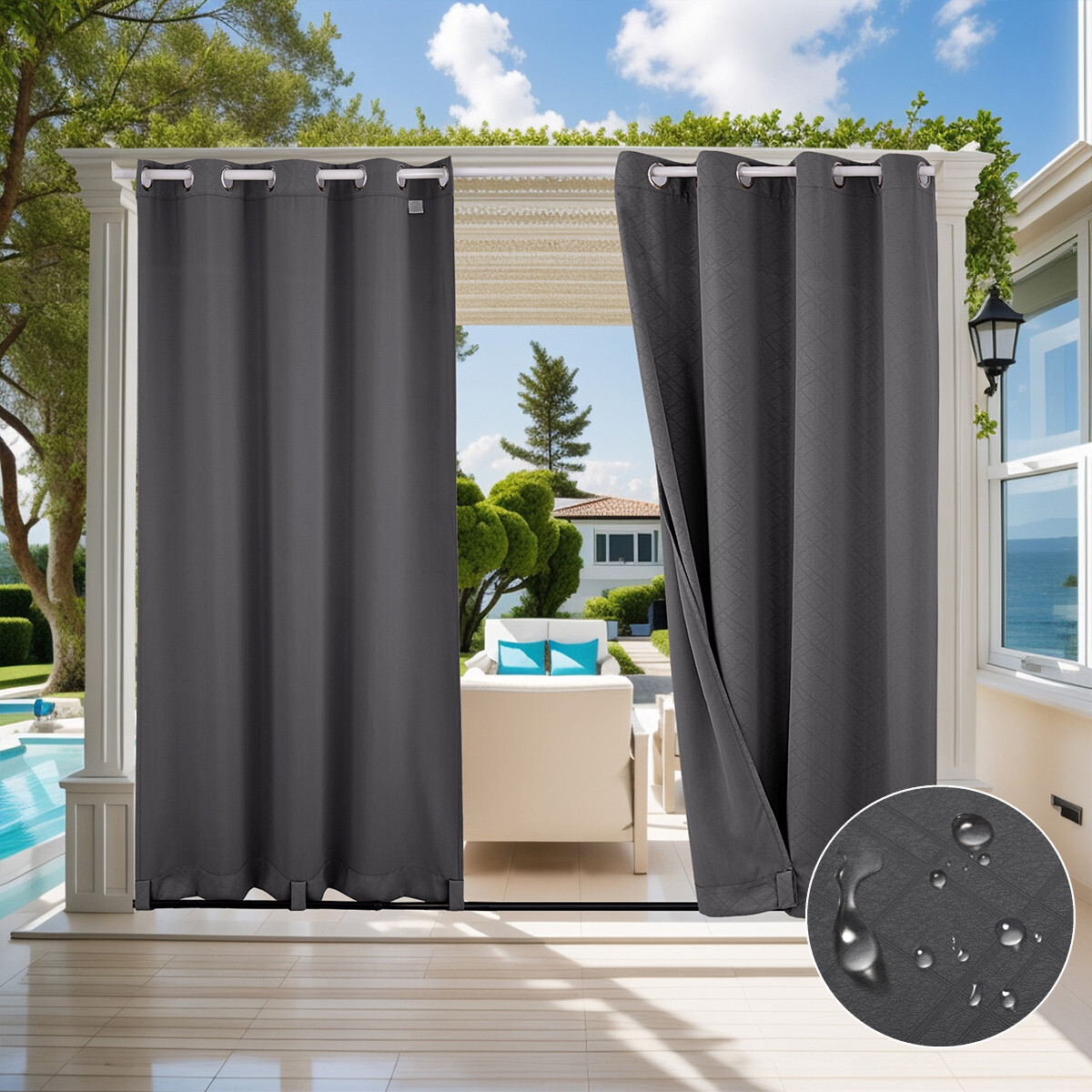 Outdoor Curtains Waterproof 3D Texture Thermal Insulated Sun Blocking Drape