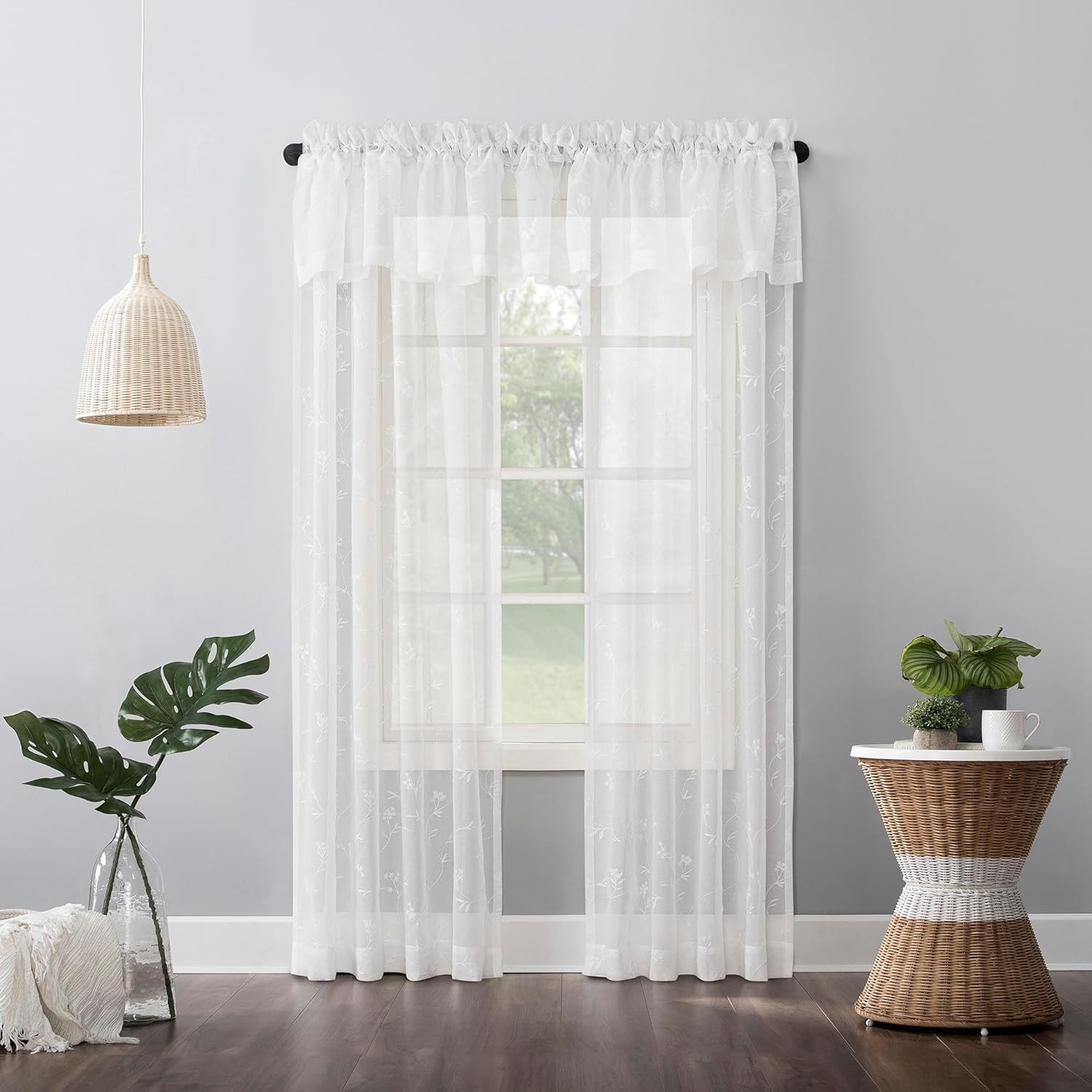 Delia Embroidered Floral Sheer Rod Pocket Curtain Valance, 50″ X 17″, Ivory Off-