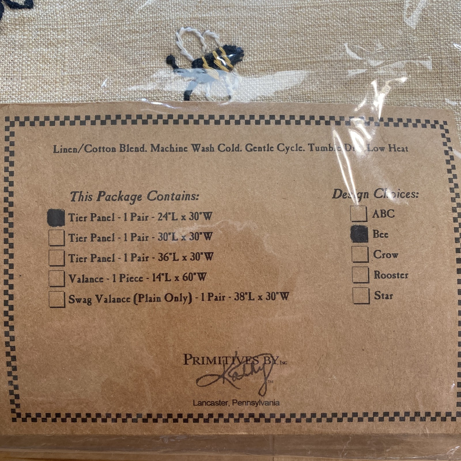 Primitives by Kathy BEE Embroidered Tier Panel Curtains 24″L x 30″W Linen NEW