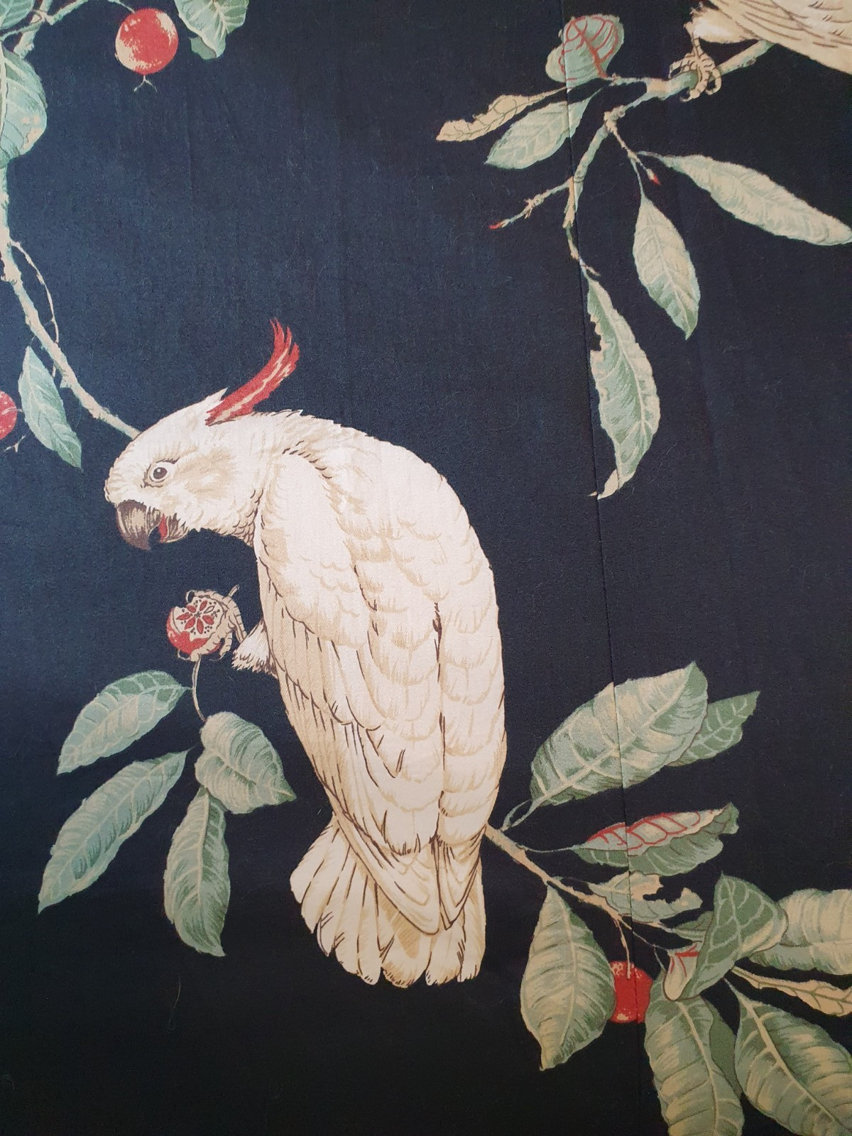 Custom Drapery Panels 2 Lined Unused Black Sateen Birds Leaves 78″x94 Each Panel