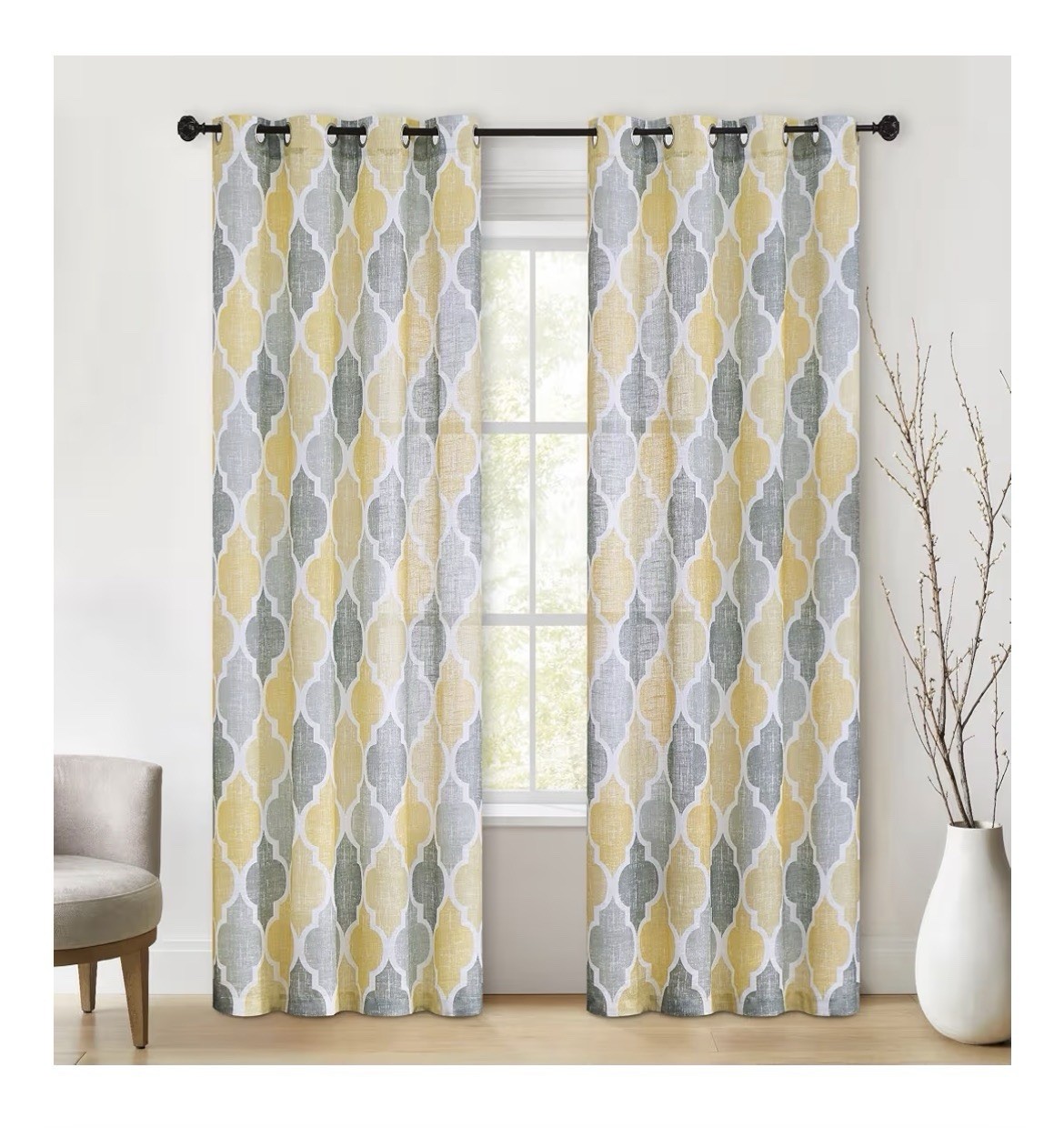 Beauoop Linen Curtains 108” Long 2 Panels Yellow Grey Light Filtering Grommet