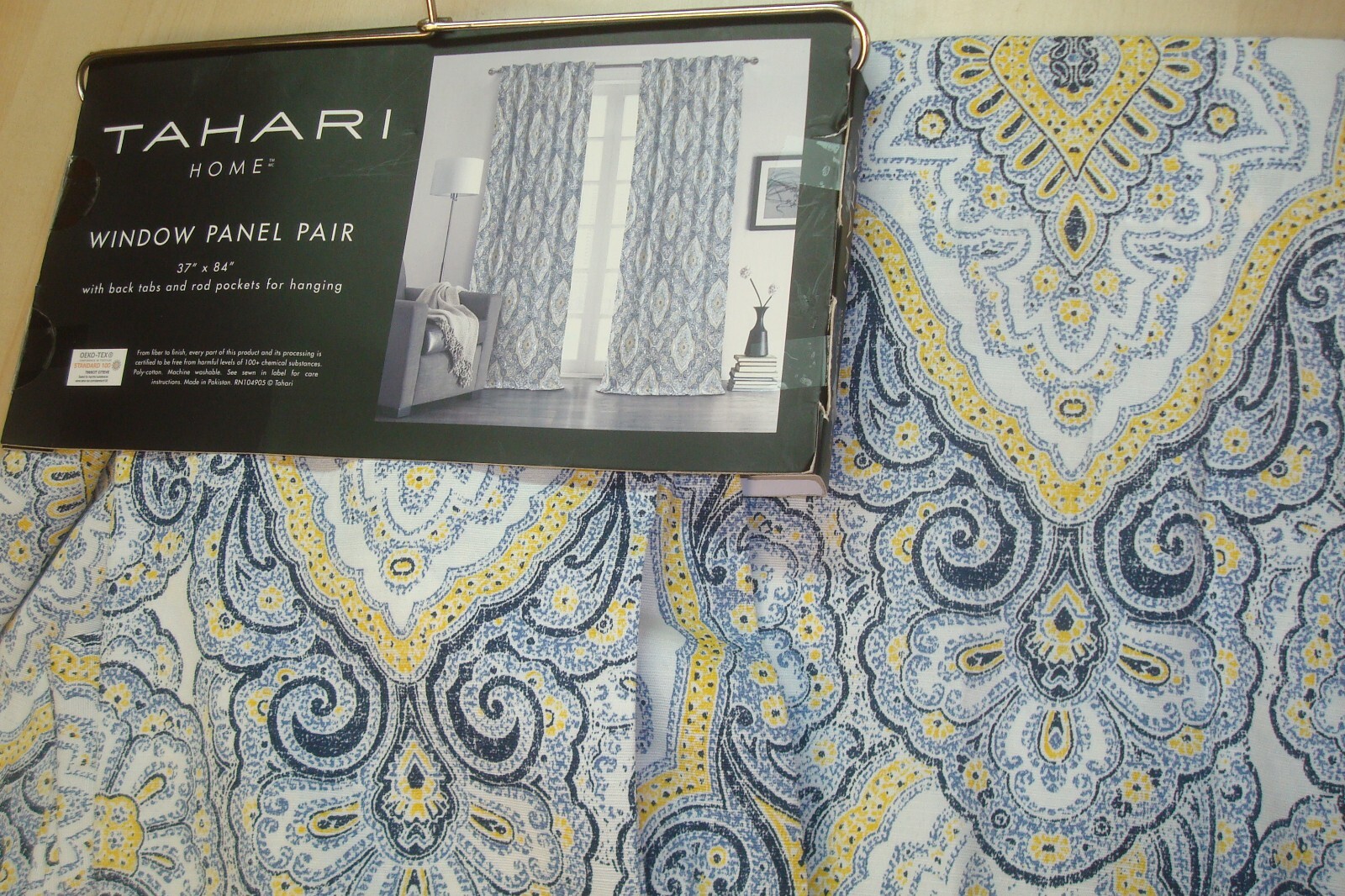 NWT 2 pc Tahari Window Panel Curtains Rod Pocket Paisley Blue Yellow 37″x 84″ lg