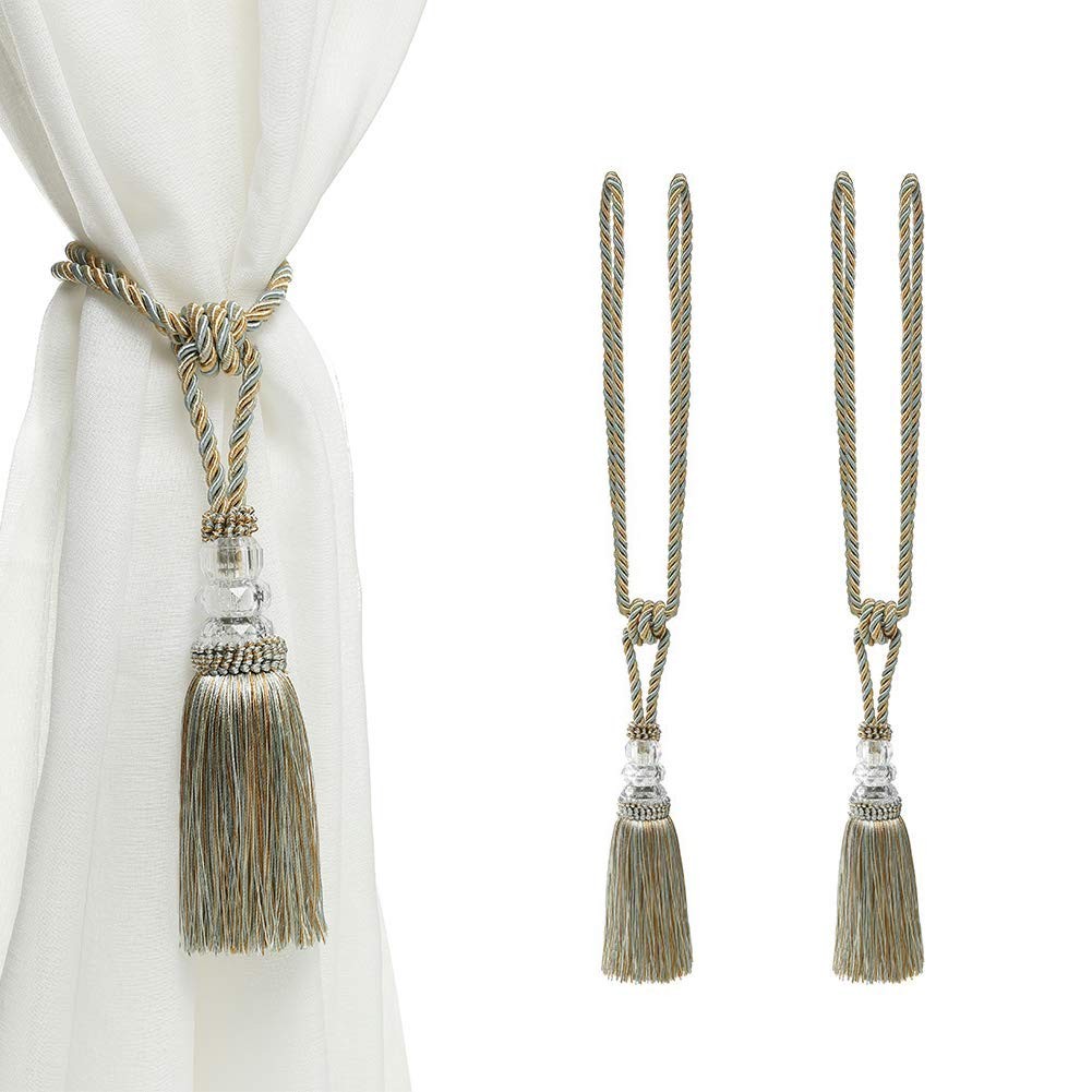 2 Pack Mix Blue Hand-Woven Curtain Tiebacks, Crystal Holdbacks, Decorative
