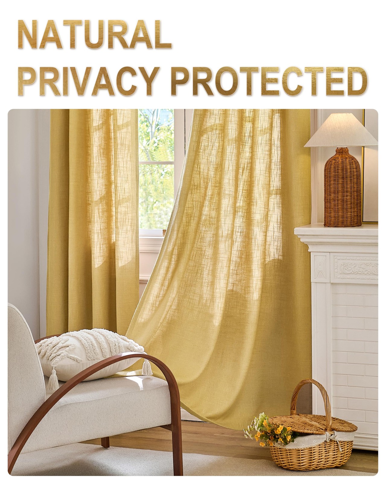 Misstiam Mustard Yellow Linen Window Curtain Panels Grommets 52 Inches Width 96