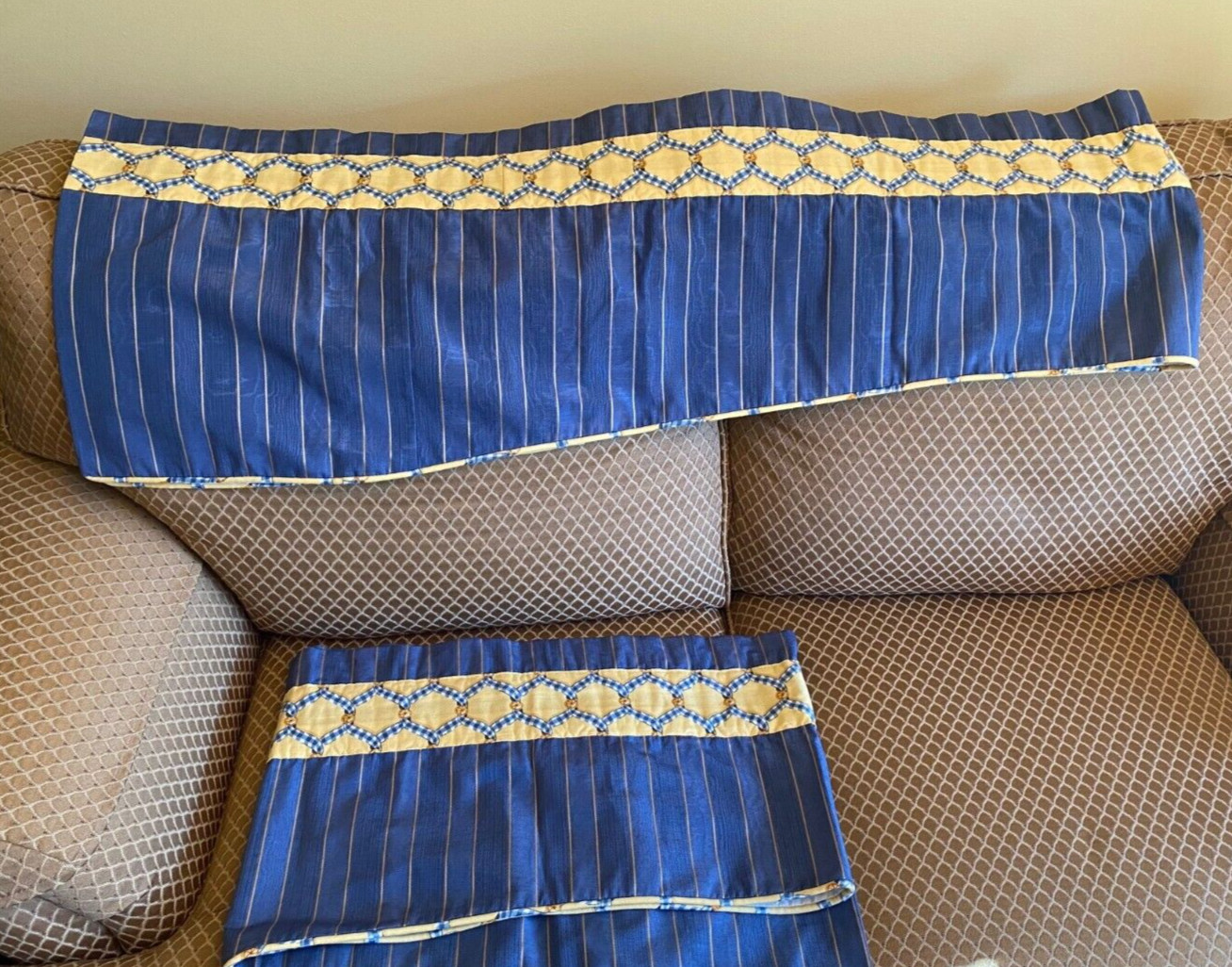 Set of TWO custom Blue & Yellow lined scalloped French Country Valances 92×17 ea