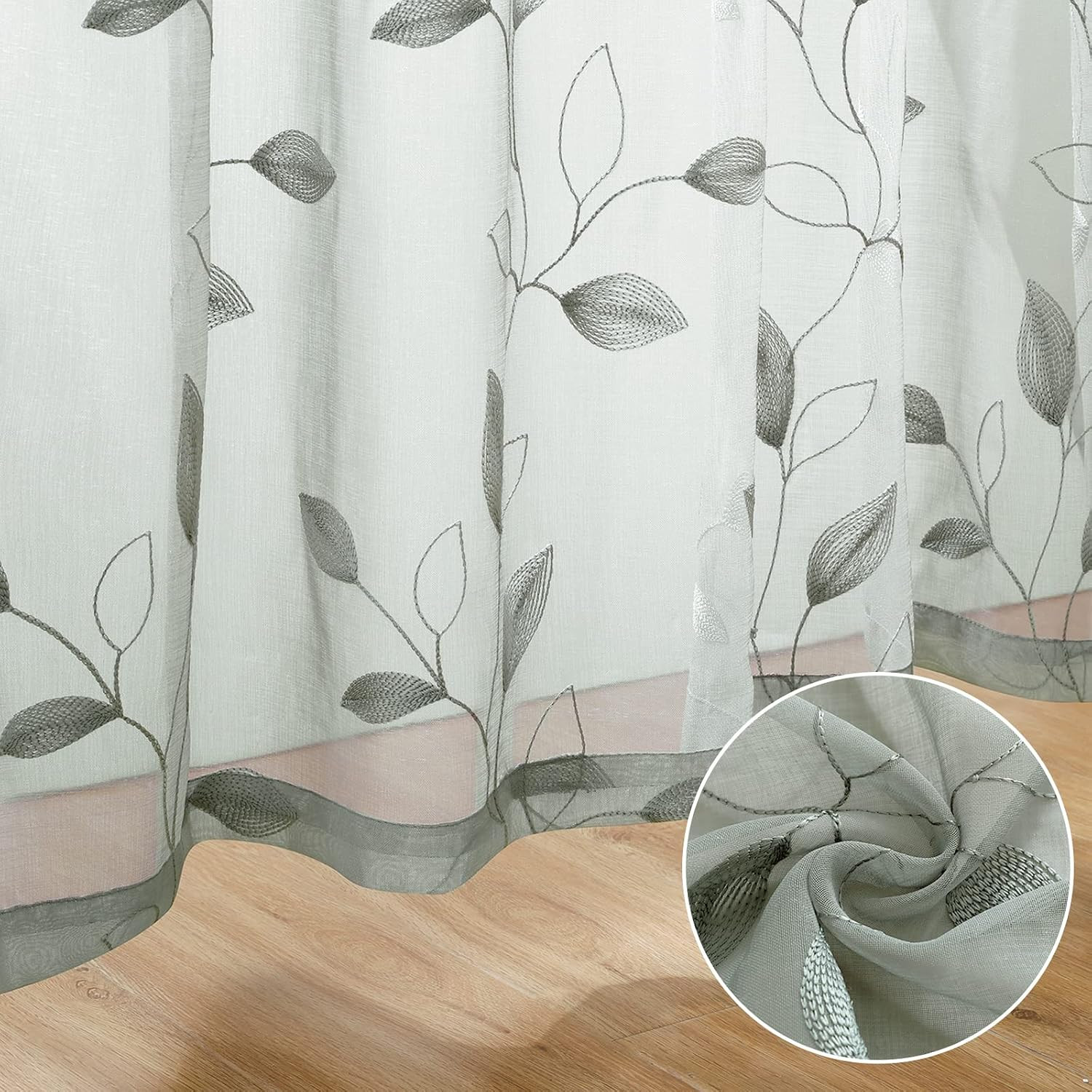 Sage Green Sheer Curtains 52 X 63 Inches Length 2 Panels Embroidered Leaf Patter