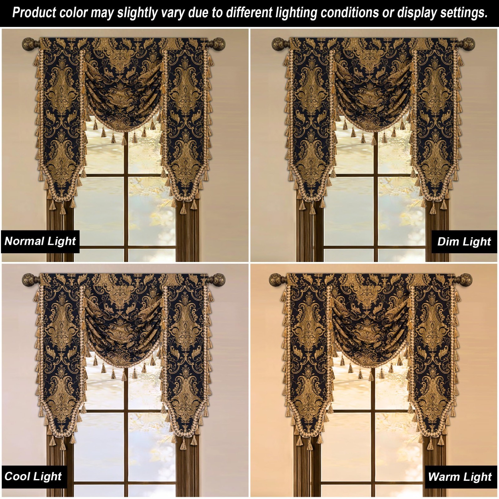 Luxury Damask Waterfall Valance Curtains, Black Gold, Elegant Home Decor, W39