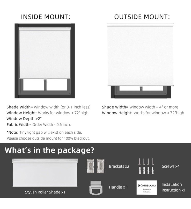 ChrisDowa 100% Blackout Roller Shade, Window Blind with Thermal Insulated, 40*72