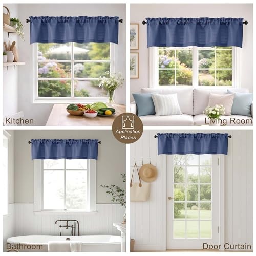 Valance for Windows – Light Filtering Faux Linen 60″W x 14″L (Pack of 1) Blue