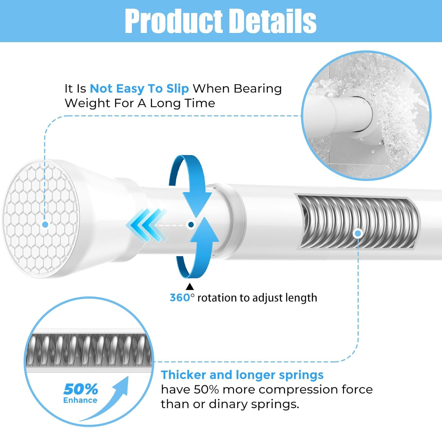 Tension Curtain Rod Adjustable Spring Tension Rods for Windows 28 to 48 Inch, No