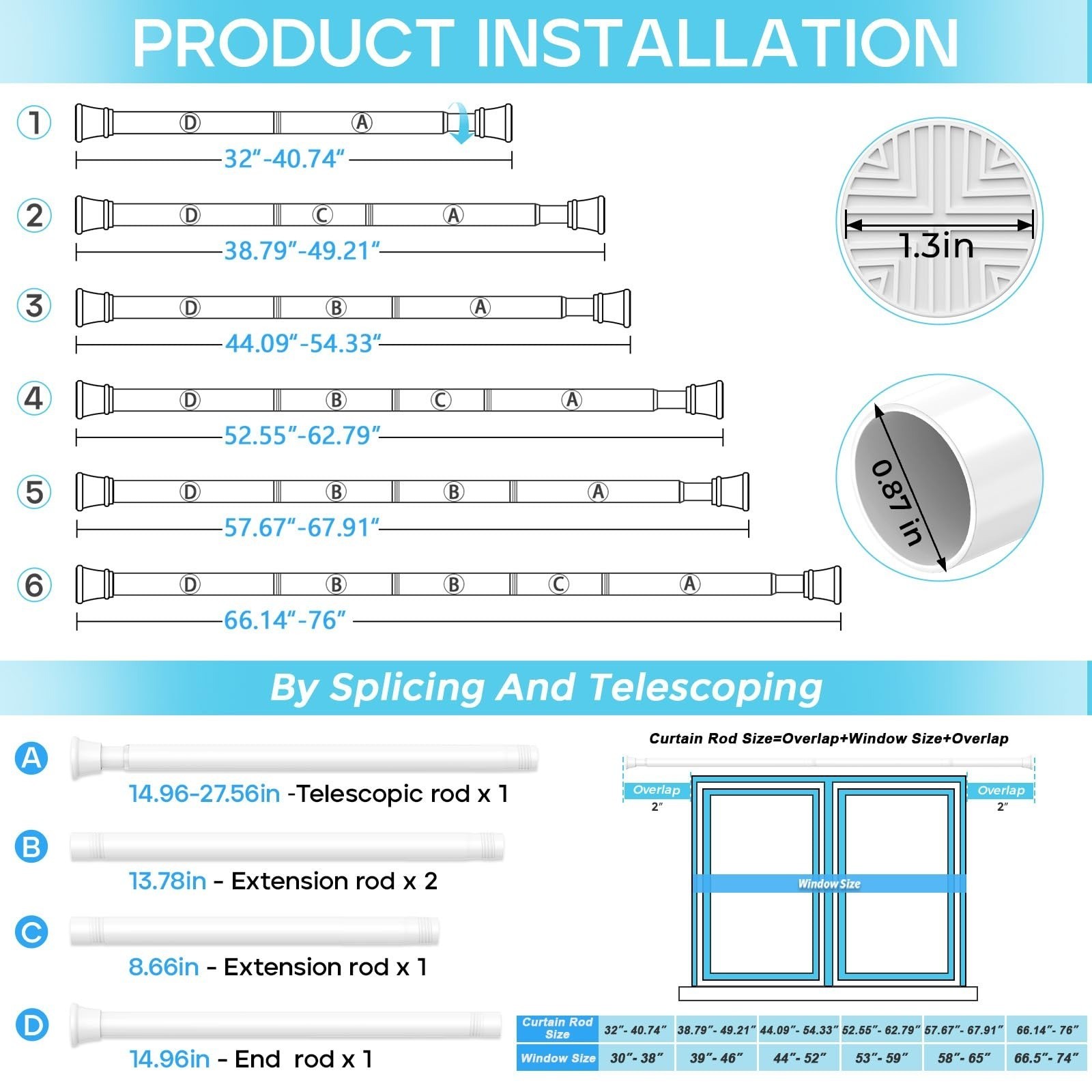 Spring Tension Curtain Rod 32-76 inch, Adjustable Expandable Tension Curtain Rod