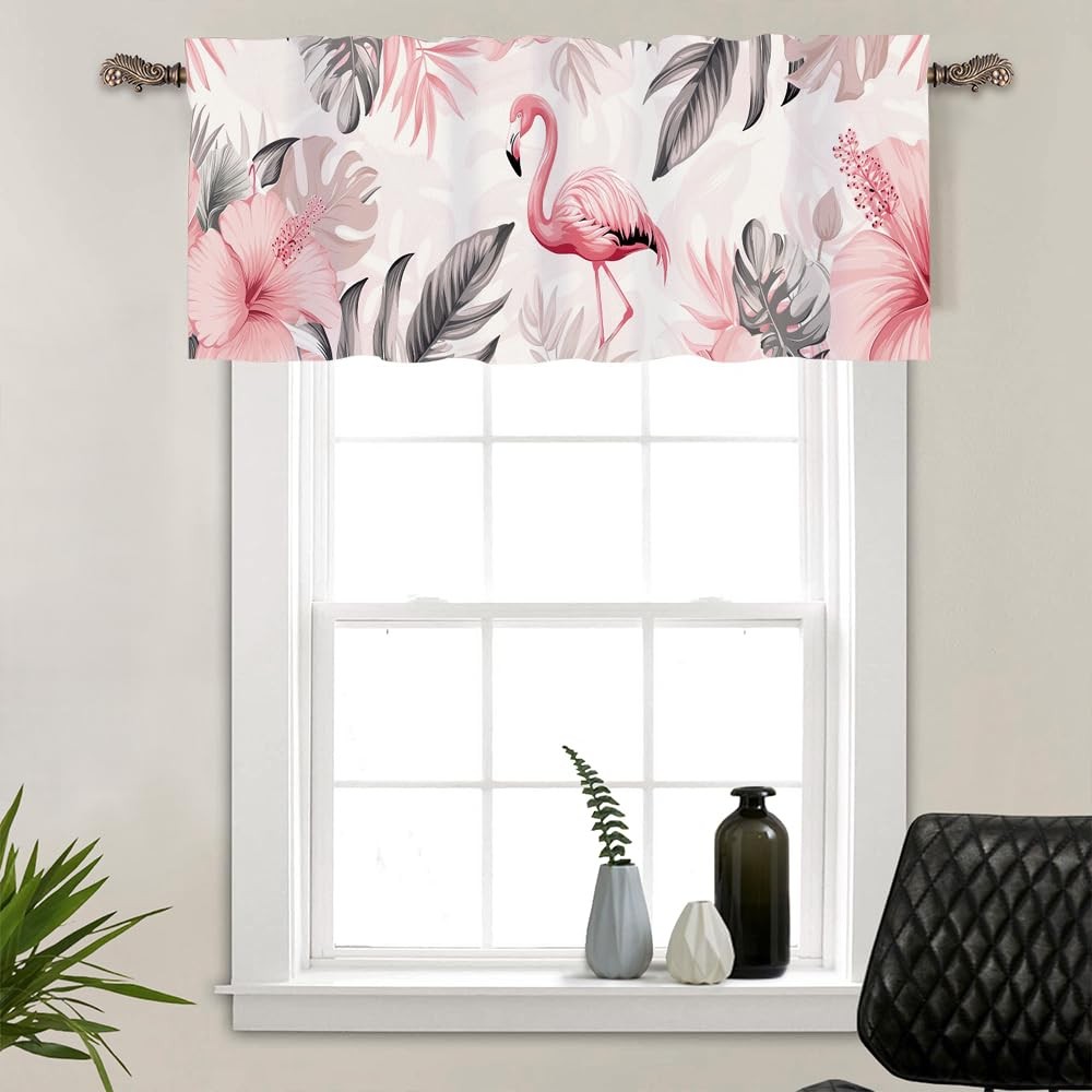 1 Panel Tropical Flamingo Floral Window Valances, Nature Pink Art Window Trea…