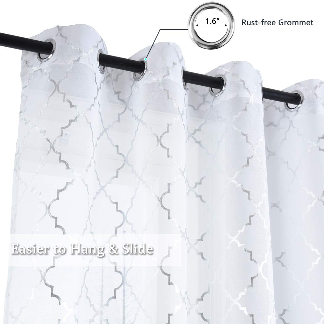 White Sheer Curtains with Silver Foil Moroccan 52×95 Inch, 2 Panels