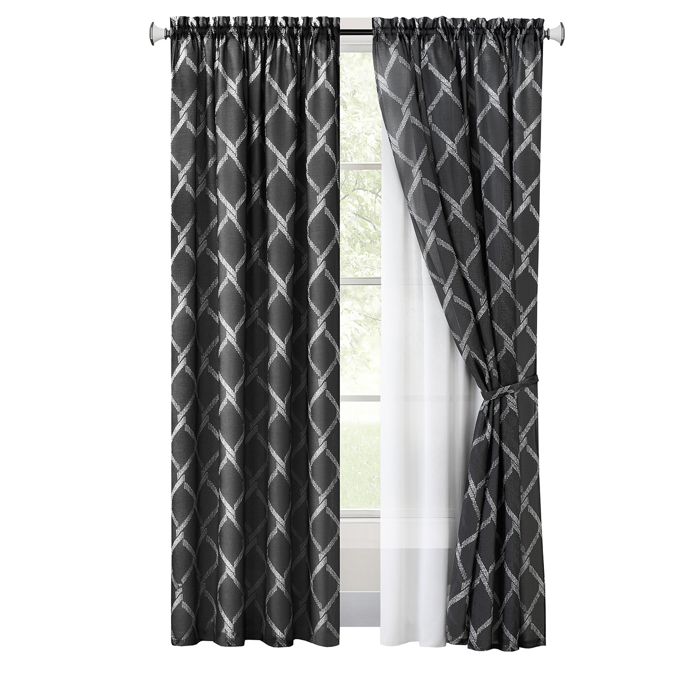 Black Window Panels Double Layer Light Filter Modern Moroccan Trellis Curtains
