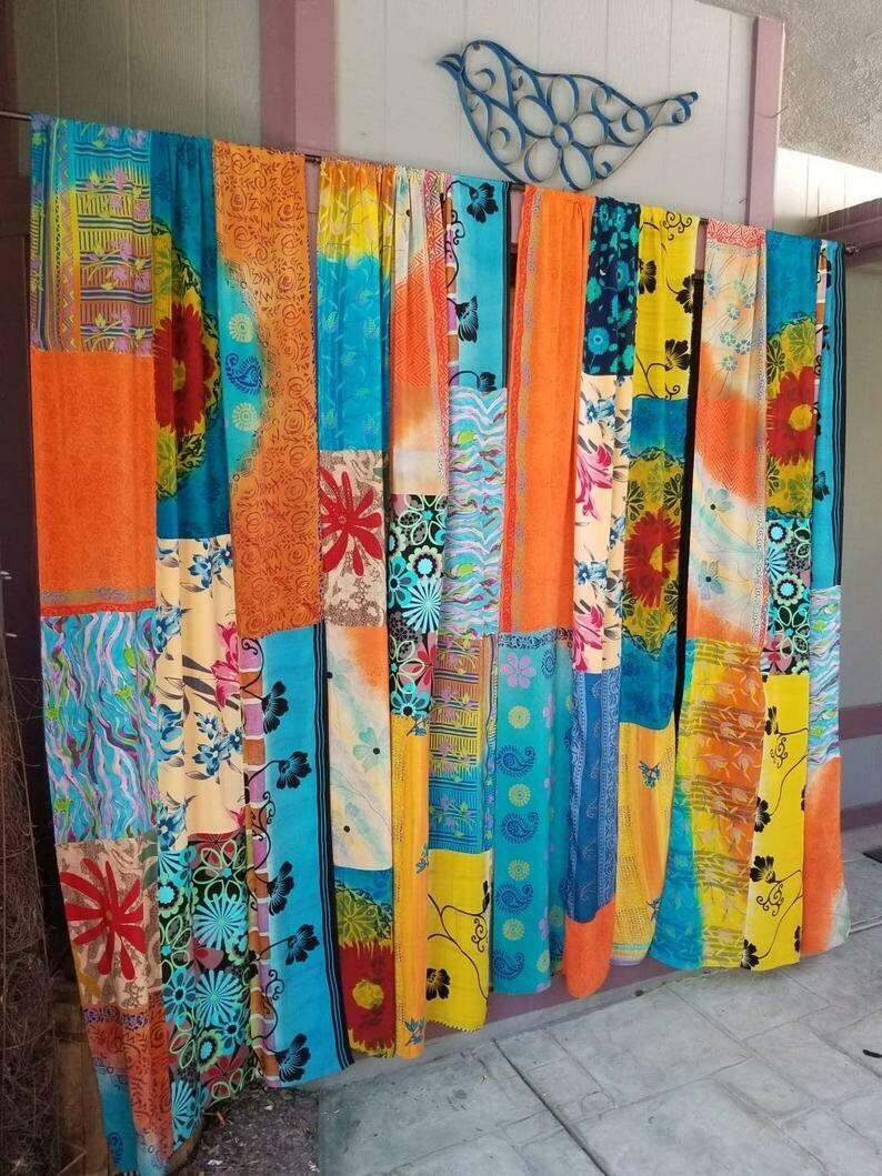 2 Pcs Indian Sari Patchwork Curtain Drape Window Decor Multi Silk Sari Curtain