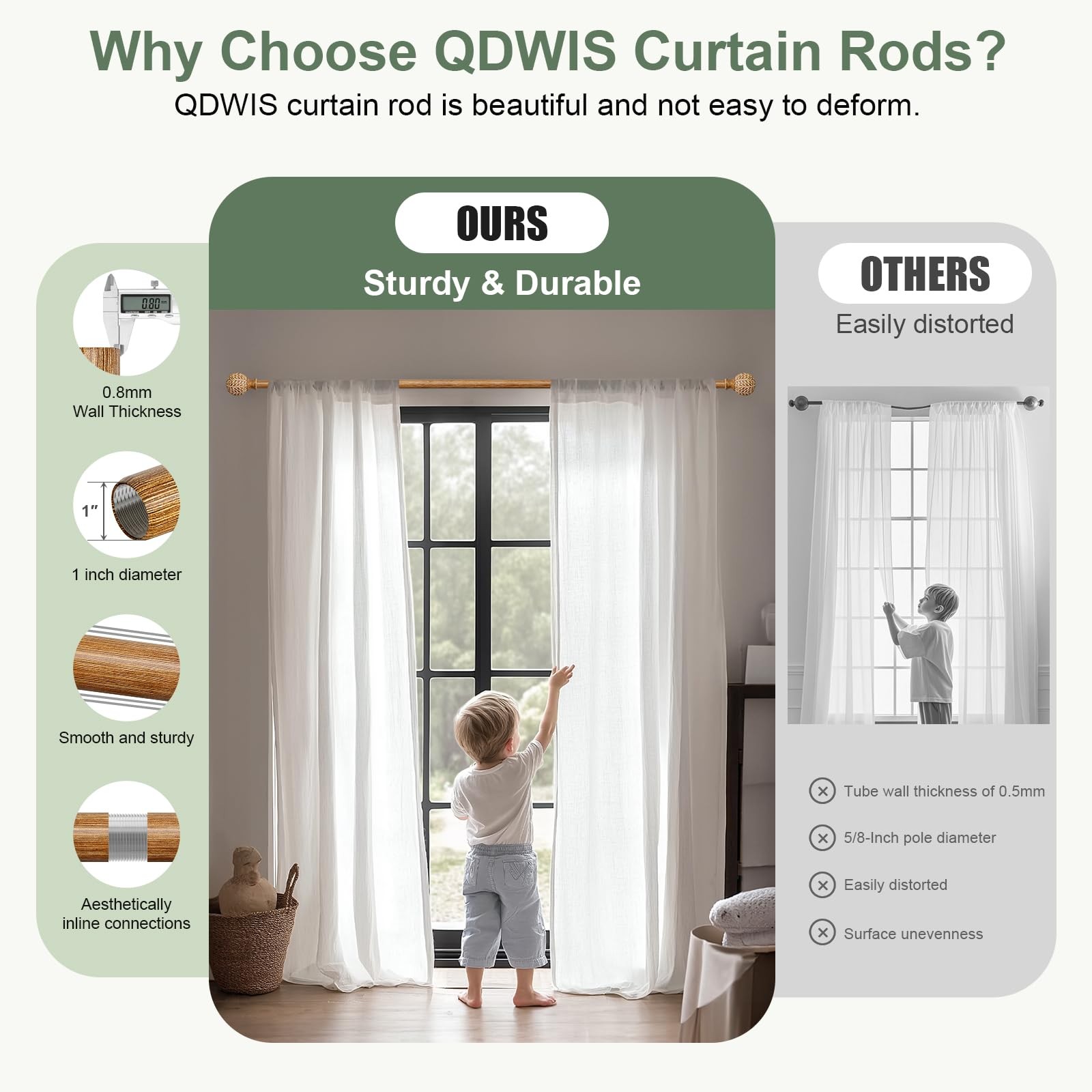 QDWIS Wood Curtain Rods for Windows 66 to 120 36” – 120”, Natural