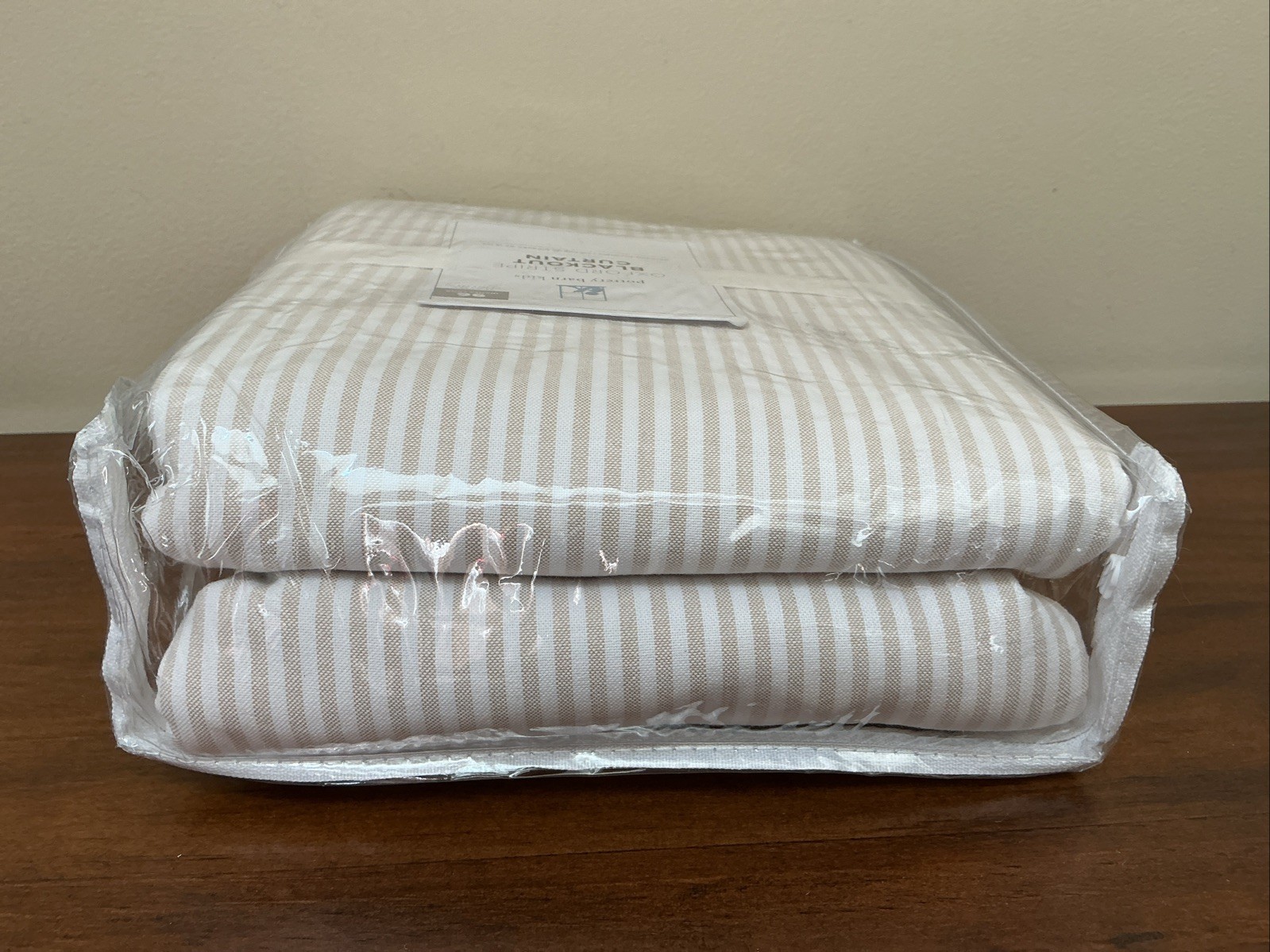 NEW Pottery Barn Oxford Stripe BLACKOUT Curtain Panel 44”x 96” NATURAL Tan Beige