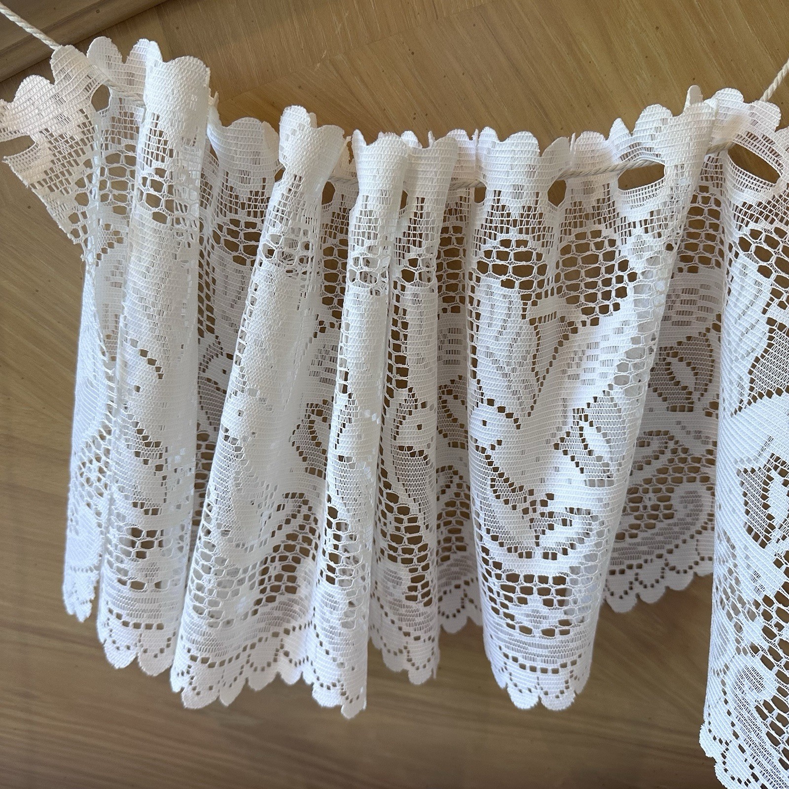 Beautiful White Doves Repeat elegant white lace valance material 11” x 20 feet