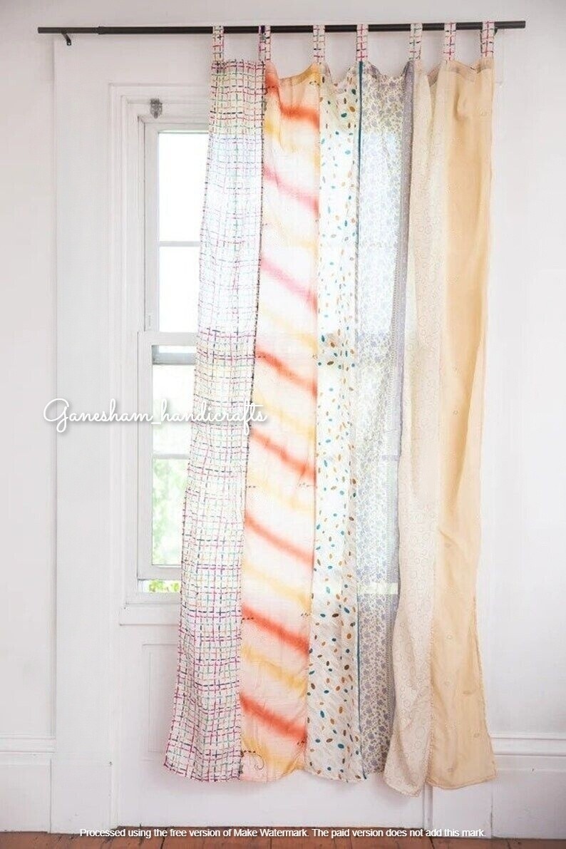 1Pc Indian Sari Patchwork Curtain Drape Window Decor White Silk Sari Curtain