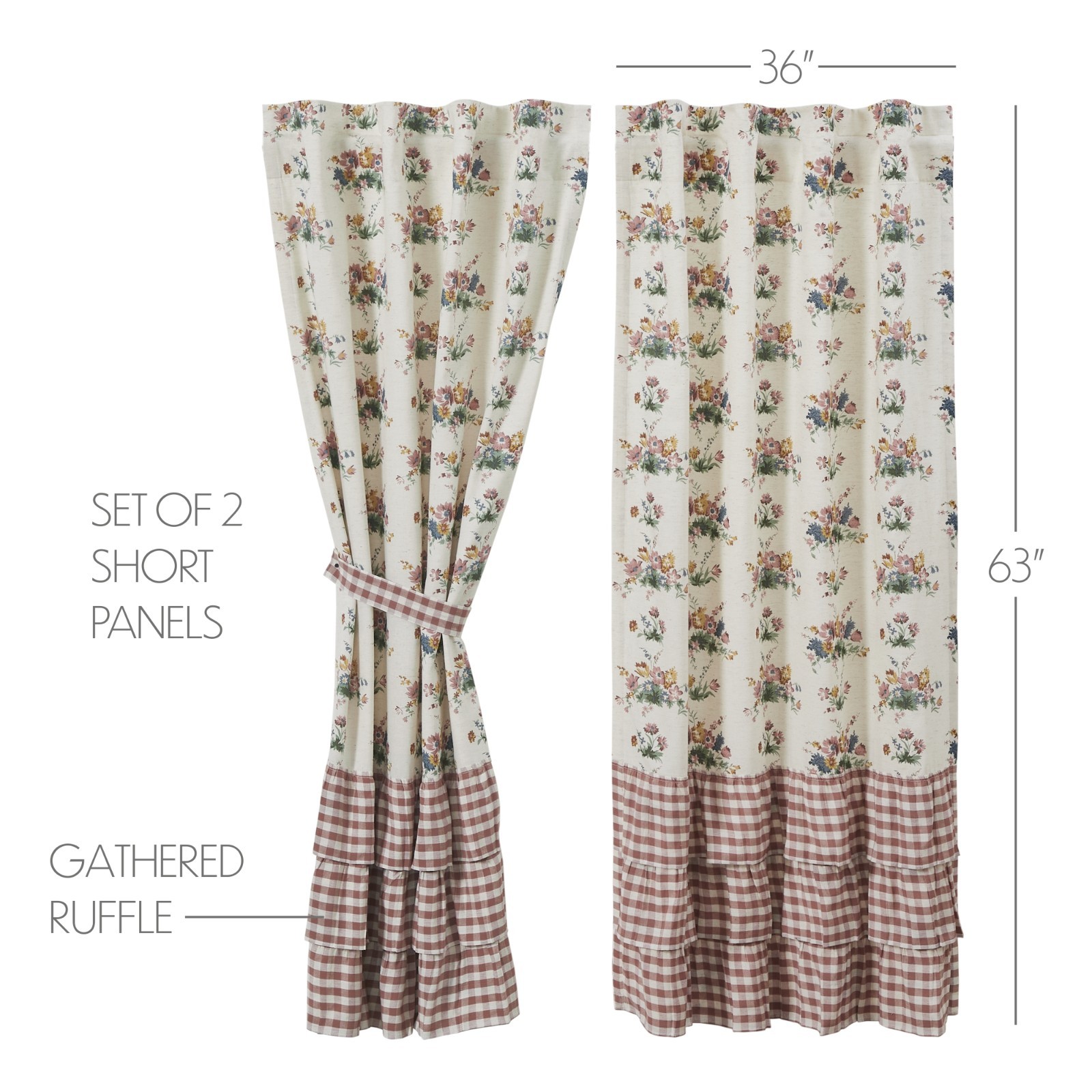 Rosehill Cottage Floral Gingham Ruffled Lined Country Home Window Panels 2 Sizes