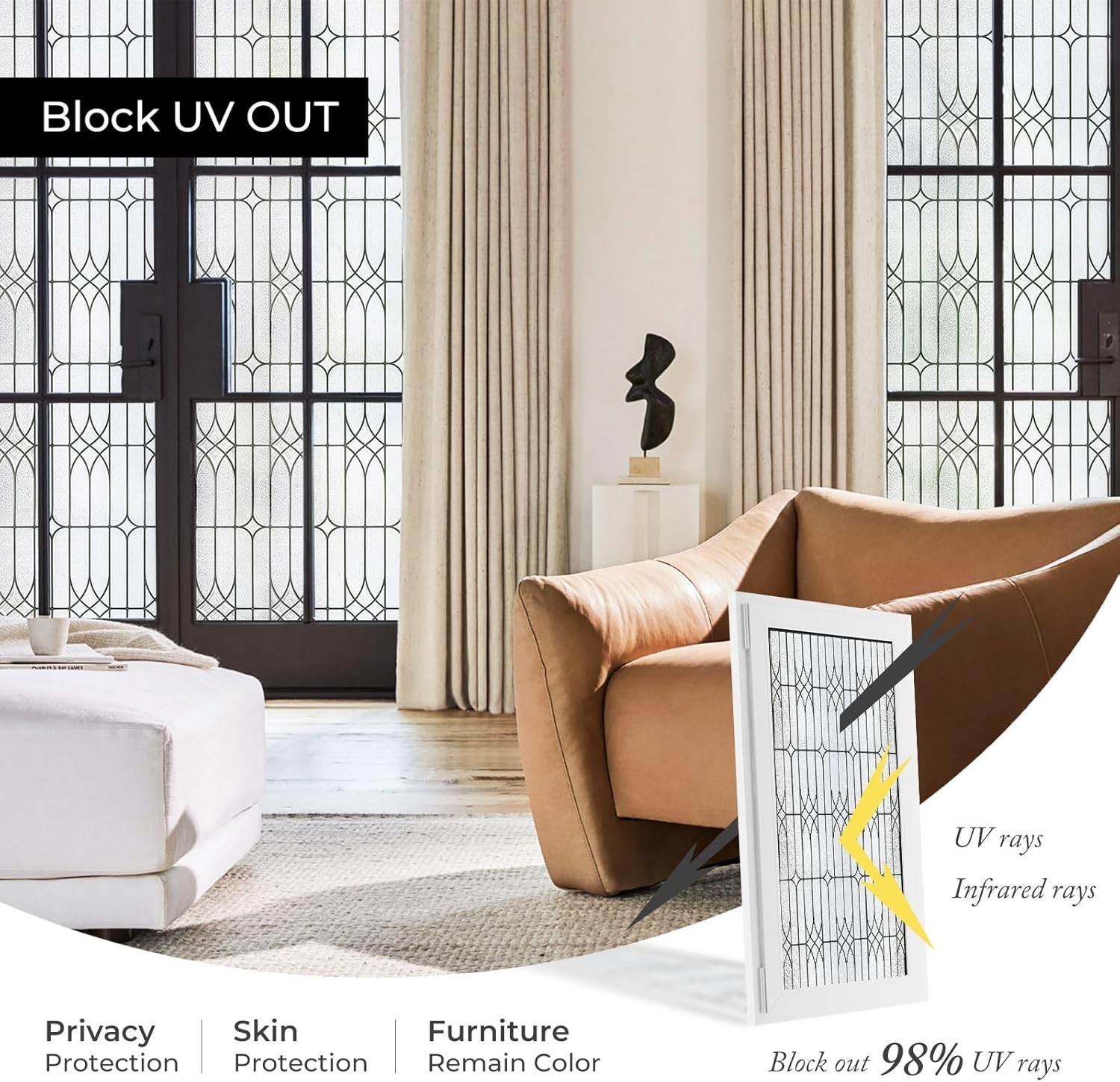 Elegant Window Privacy Film – Stained Glass Effect, UV Protection, 17.3″x78.7″