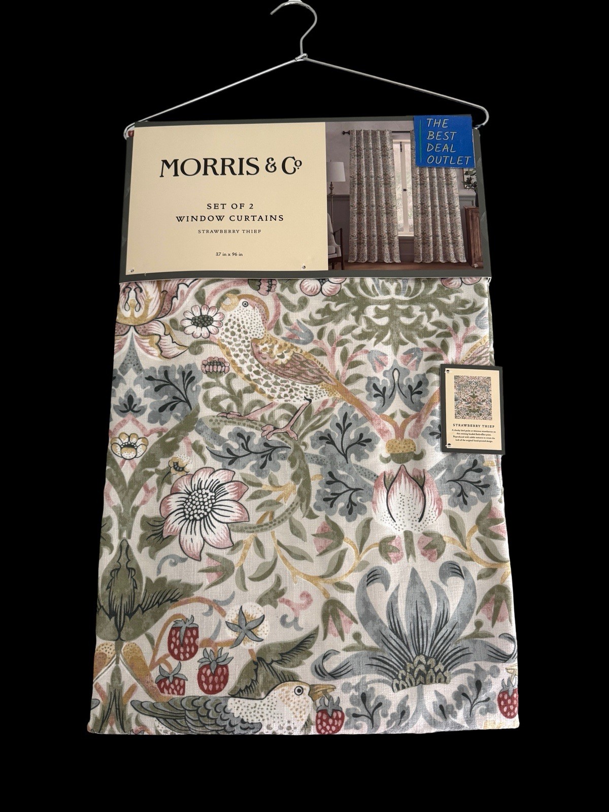 New Morris & C Window Curtains 2 Panels Darkening 37 x 96 Strawberry Thief Birds