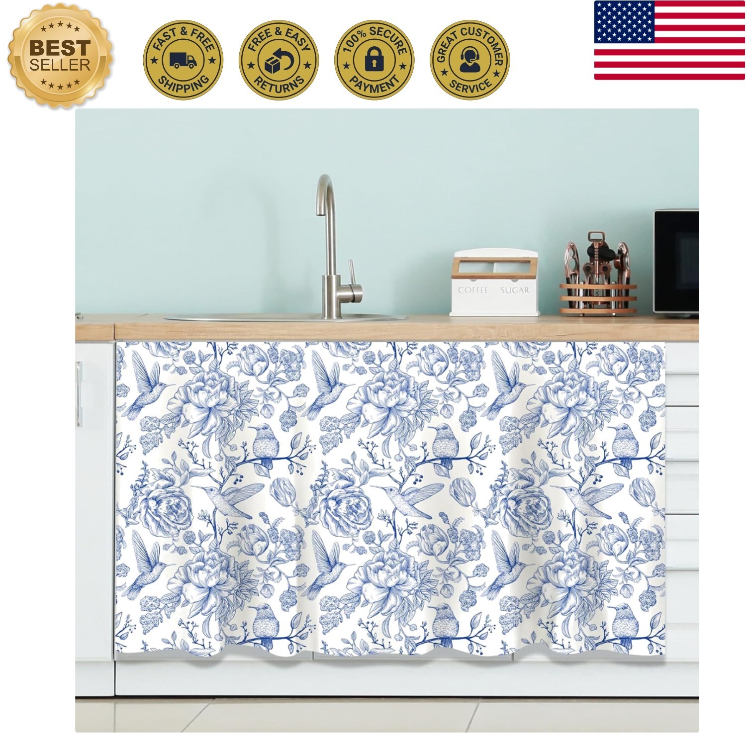 Sophisticated Blue Floral Cabinet Curtain – Easy Install & Washable – 28 x 51 in