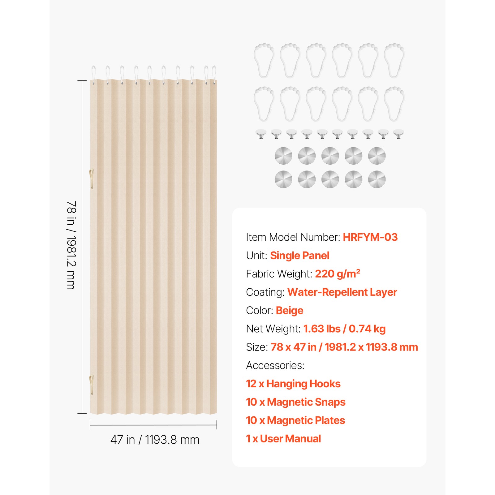 Uimoso Accordion Door with Blackout Fabric and Magnetic Closure, 47 x 78 Inches