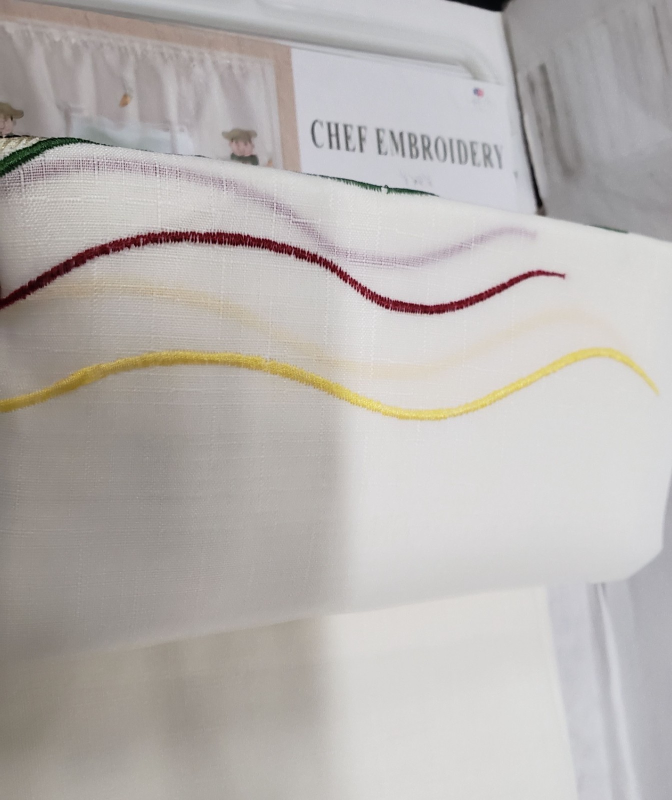 3 pc. Embroidery Curtains Set: 2 Tiers & Swag, FAT CHEF W/ SOUP PLATE, Mys