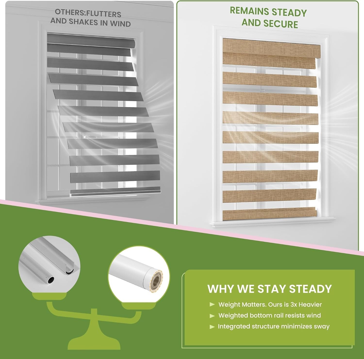 34″ x 72″ Cordless Zebra Shades Brown Dual Layer Window Blinds Light Control