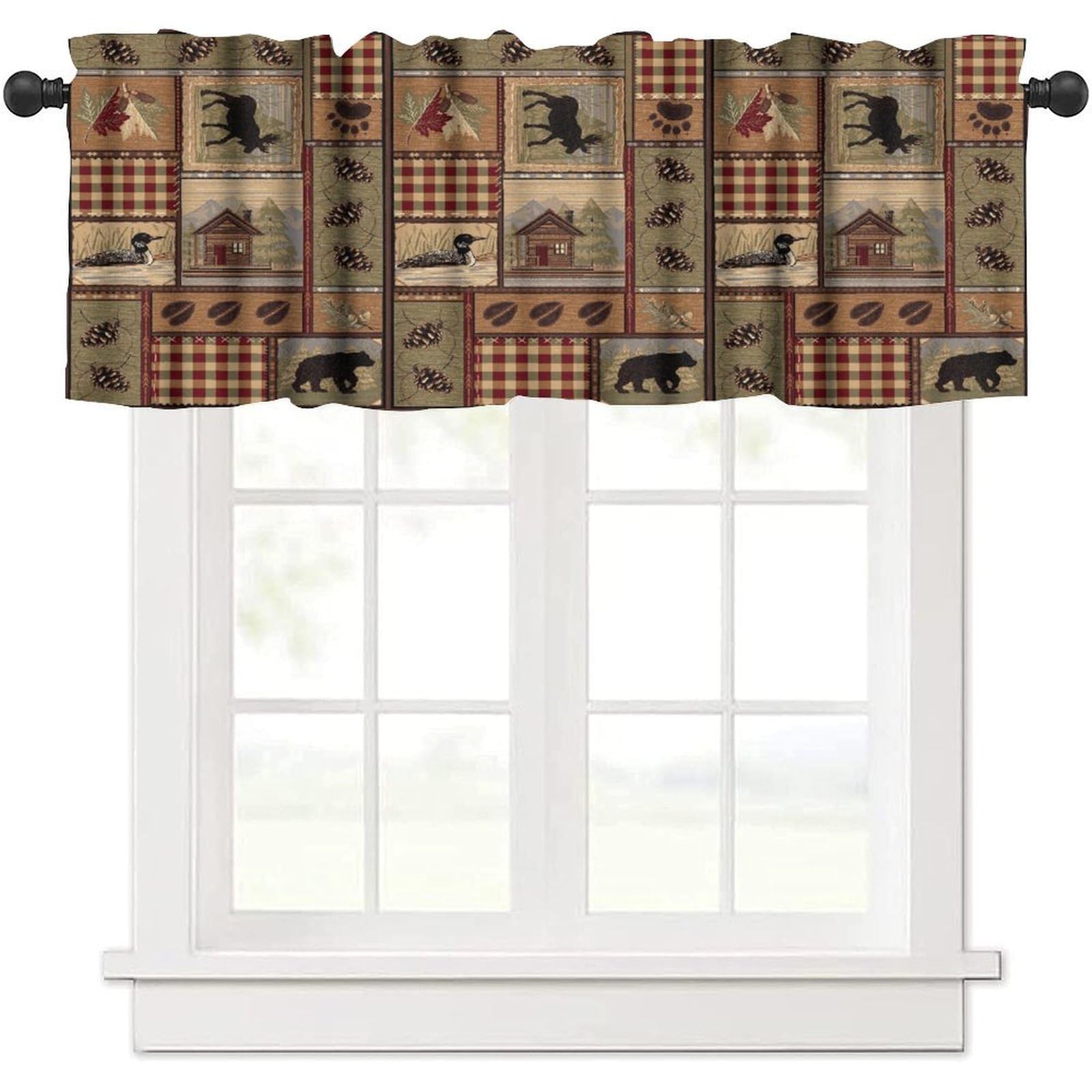 Cabin Kitchen Valance Curtains, Country Style Farmhouse Deer Bear Nature Fore…