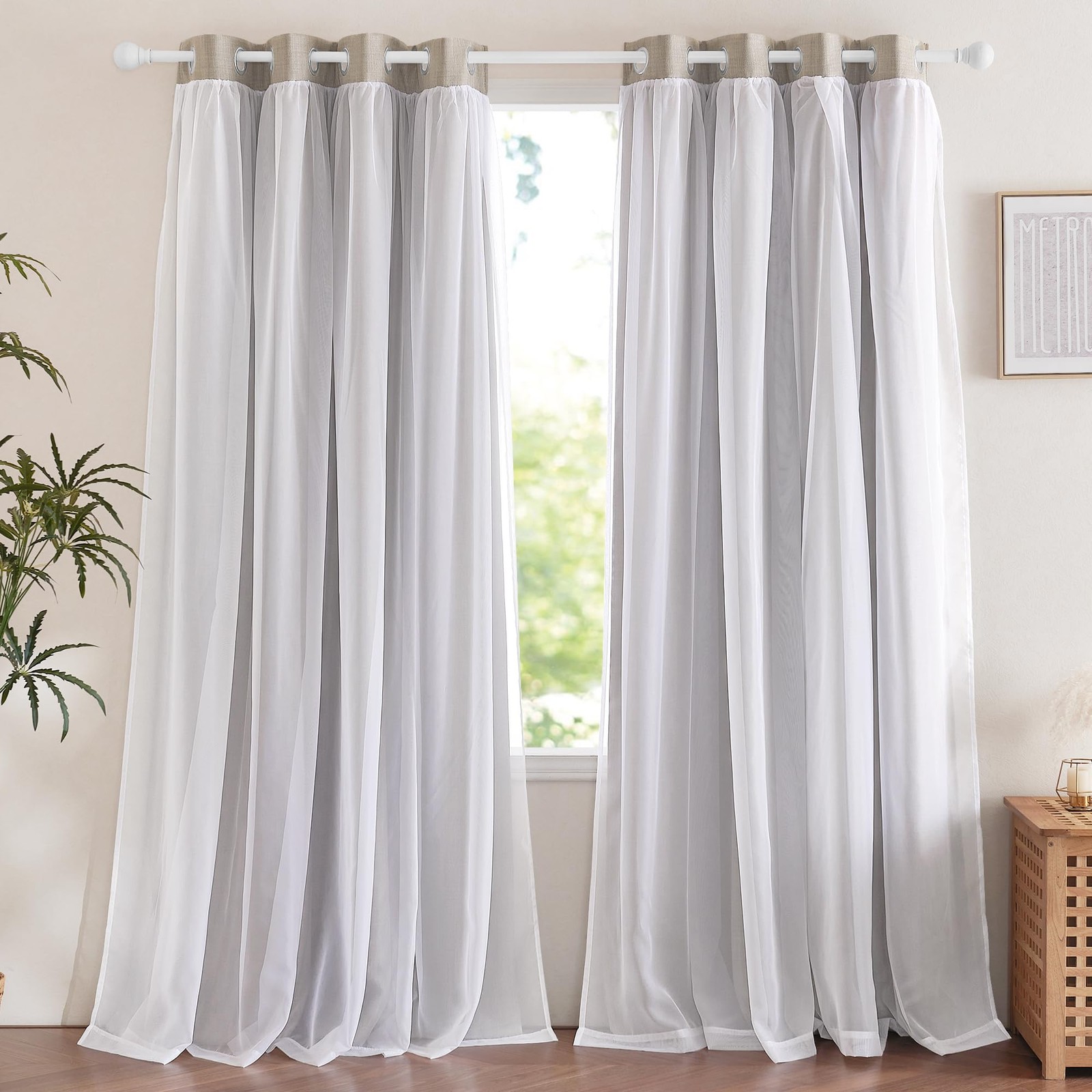 Nicetown Dual Layers Grommet Top Mix And Match Faux Linen Curtains White Sheer
