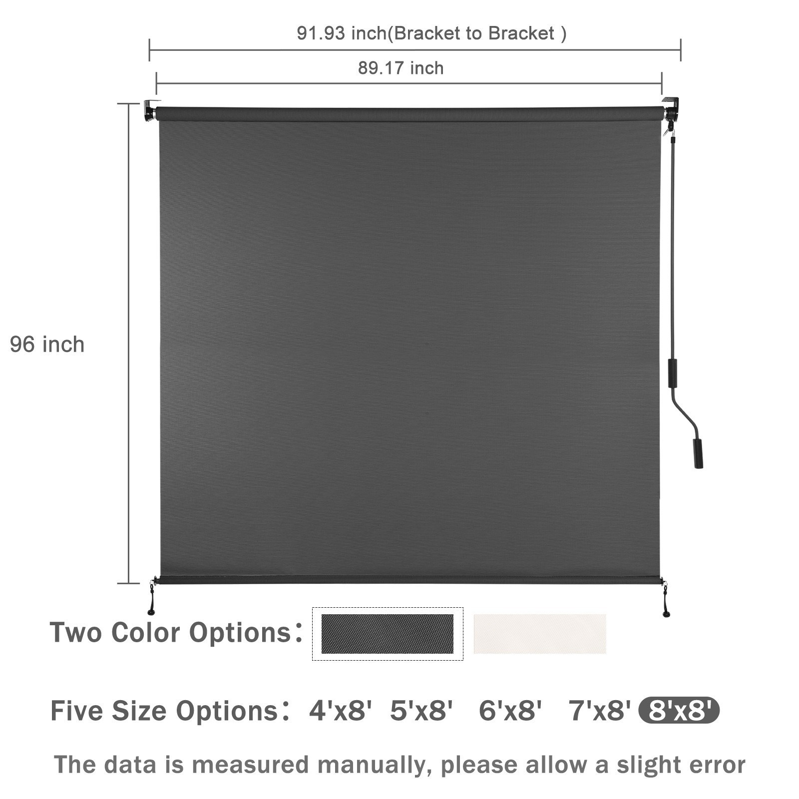 8ft (W) x 8ft (H) Outdoor Roller Shades 5% Openness Cordless Sun Roll up Shade