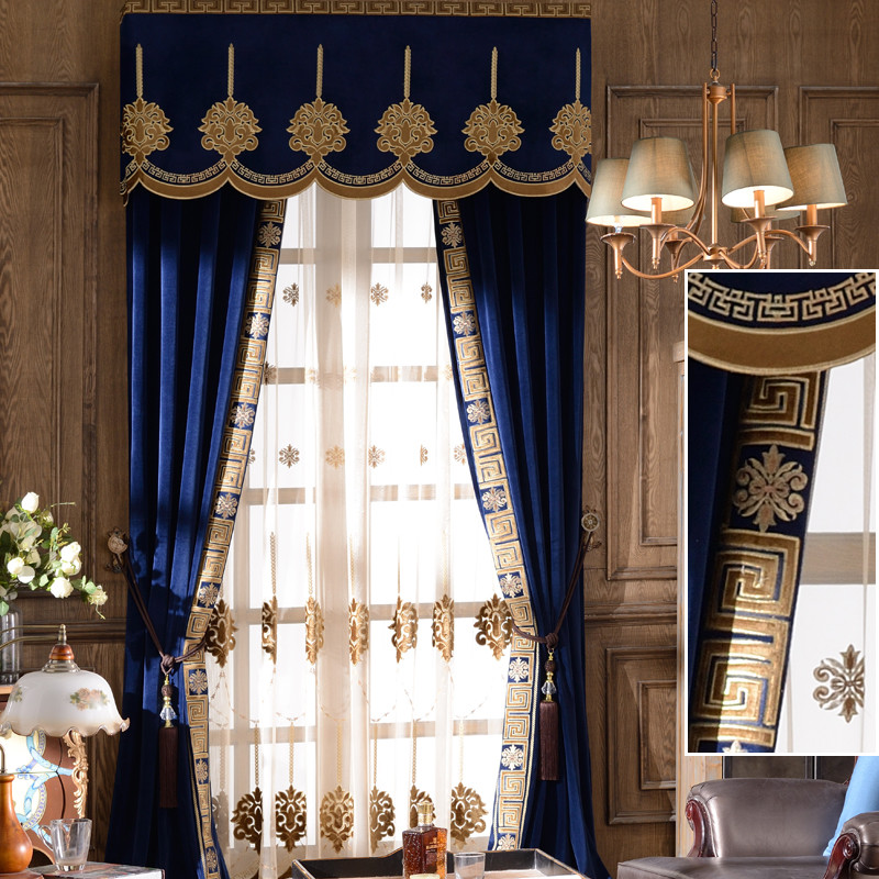 Luxury European American thick flannel embroidery blue cloth curtain tulle E989
