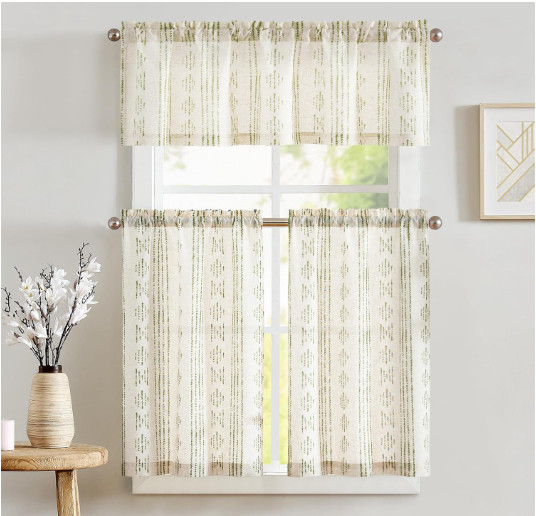 jinchan Boho Stripe Kitchen Curtains and Valance Set Linen Tier Curtains