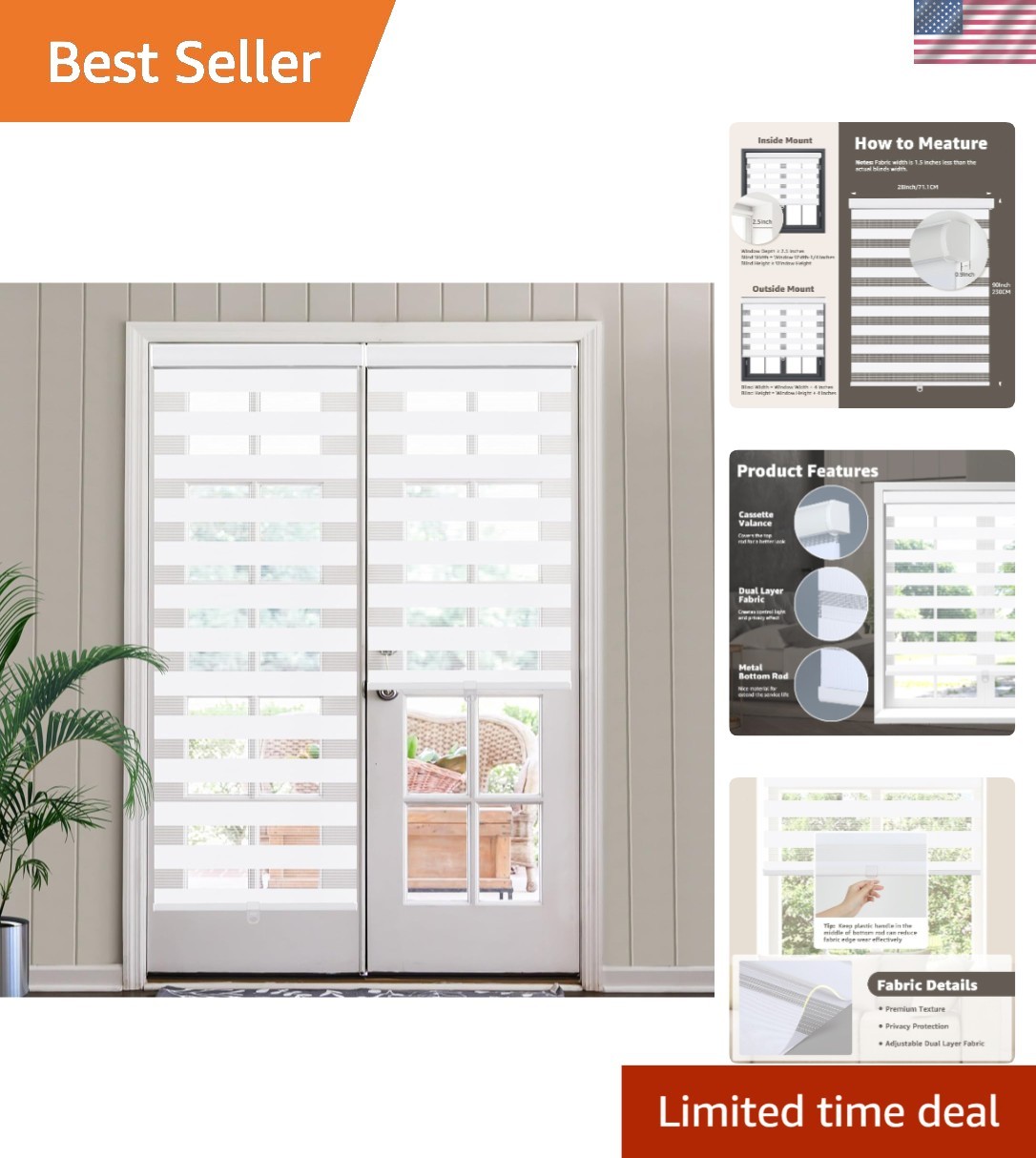 Cordless Zebra Blinds Light Filtering Window Shades for Door Bedroom Kitchen