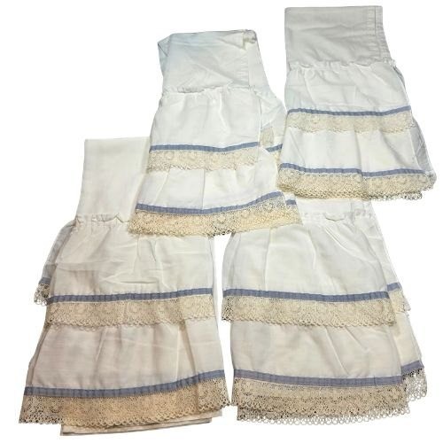 Vintage White Ruffled Cafe Curtains Lace Trim Blue Ribbon Made in USA 36×28 4pc