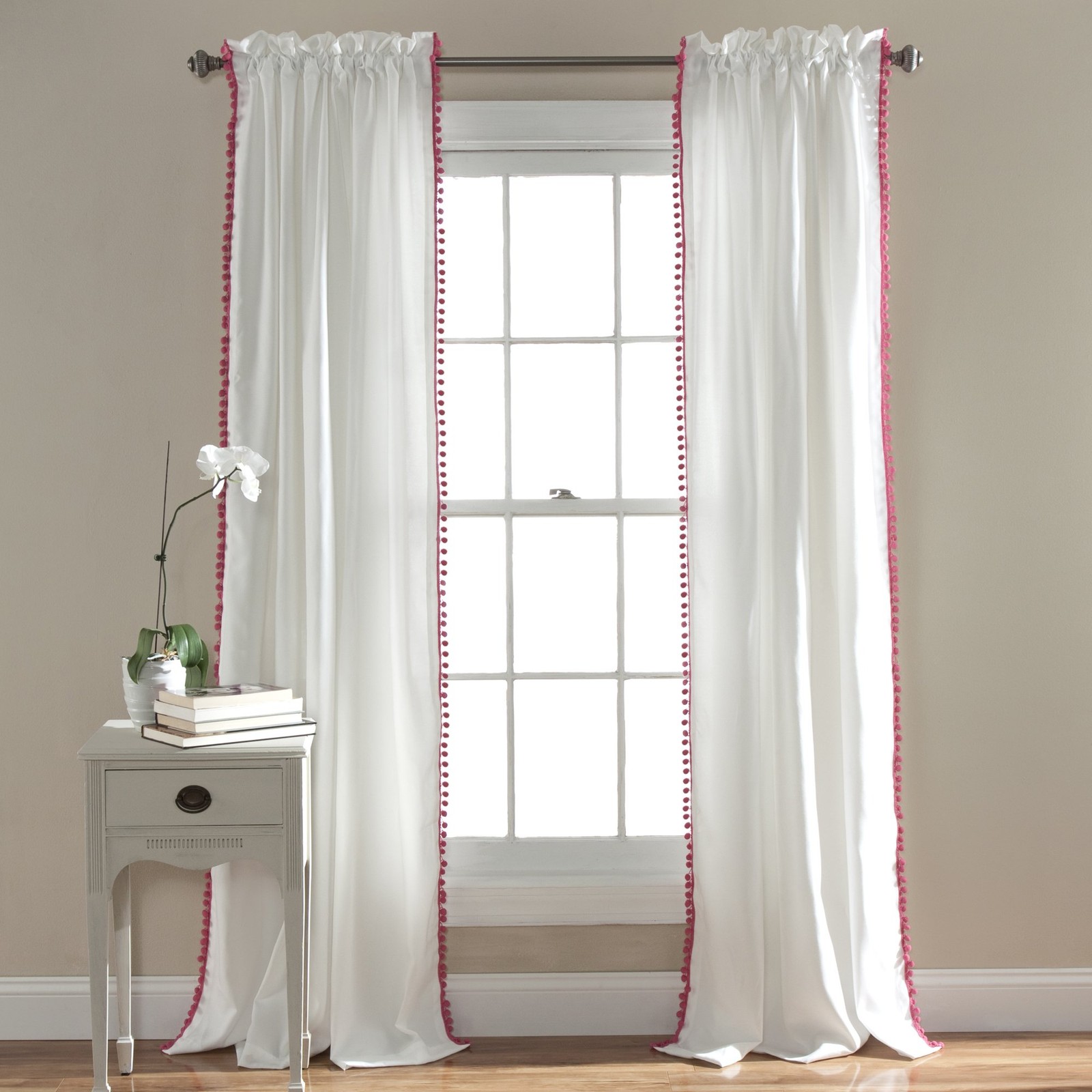 Pom Pom Window Curtain Panel, 213.4 x 127 cm Pink