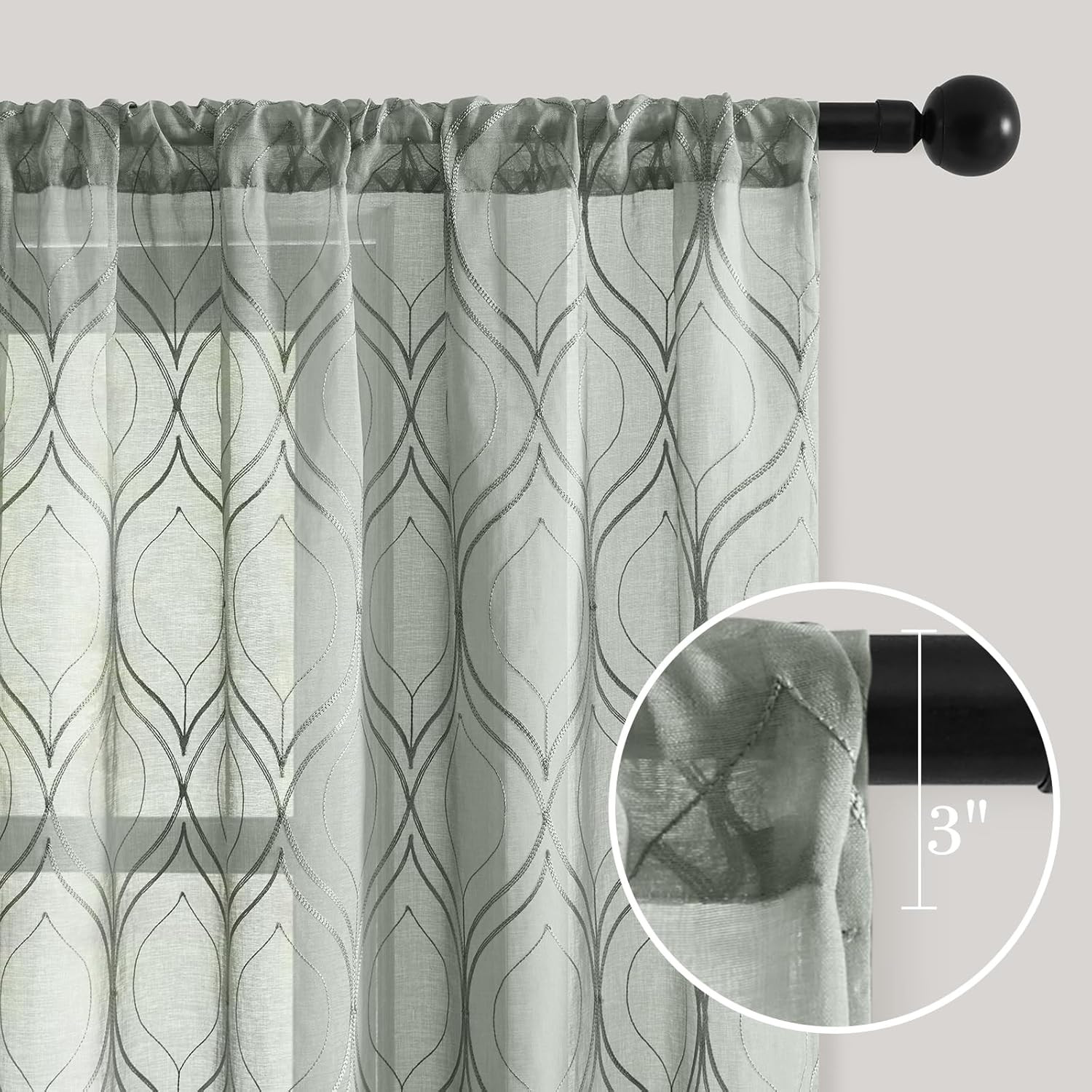 Sage Green Sheer Curtains, 52 X 63 Inch Length Moroccan Embroidered Pattern Rod