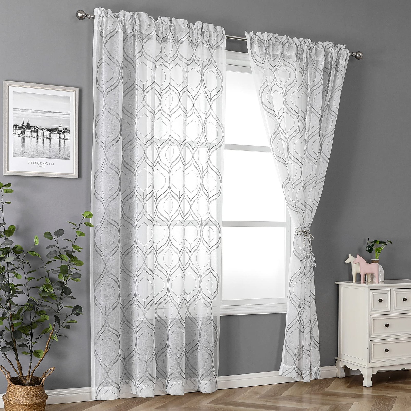 VISIONTEX Moroccan Embroidered Trellis White Sheer Curtains Panels, Damask Textu