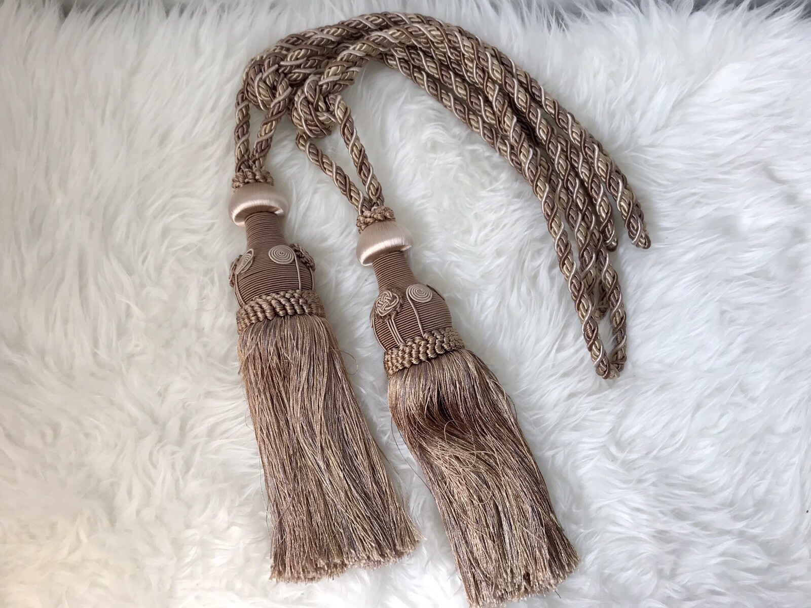 2 Huge Tassels Drapery Tiebacks 11″ Curtain Ornate Bronze Gold Metallic Satin