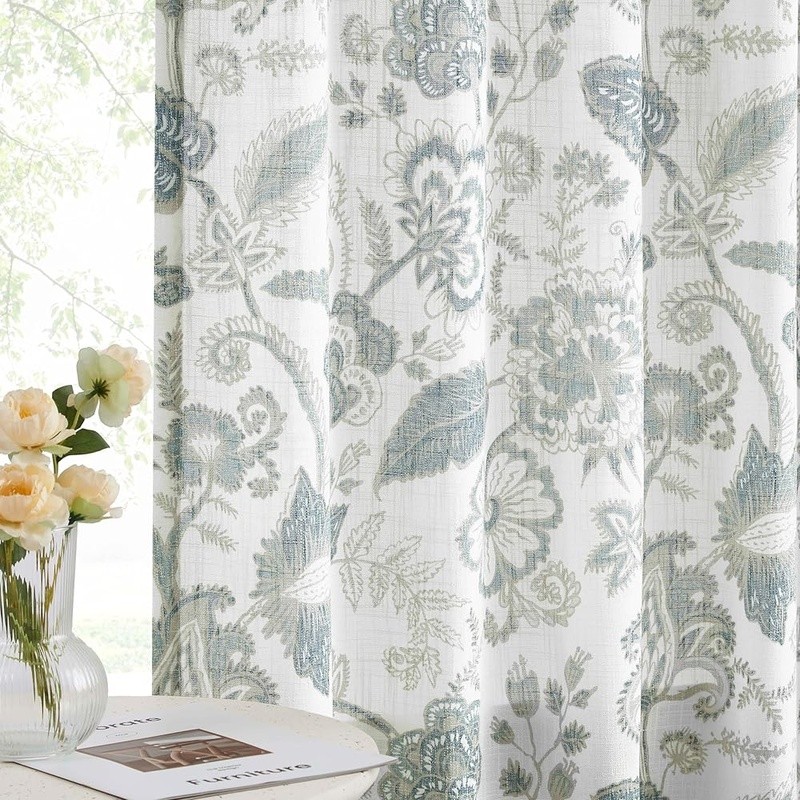 Jacobean Floral Light Filtering Linen Curtains Heavy Fabric Drapes 2 Pack New