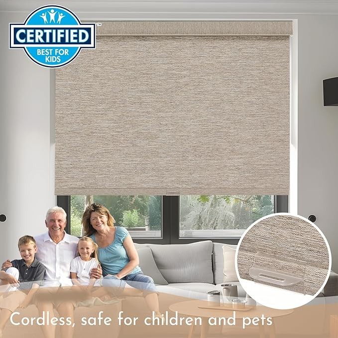 Blackout Light Brown On Sale Linen Natural Woven METechs Cordless Roller Shades