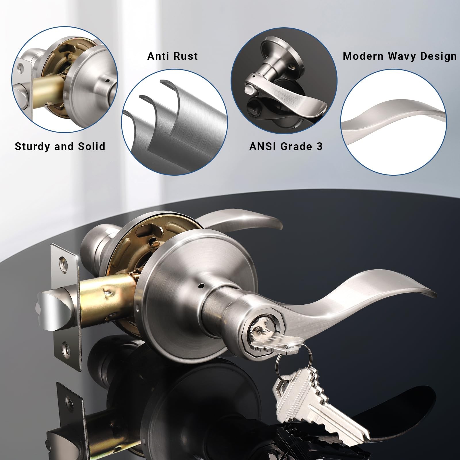 Knobonly 2 Pack Keyed Bathroom/Bedroom Door Lock Satin Nickel Front Door Handle
